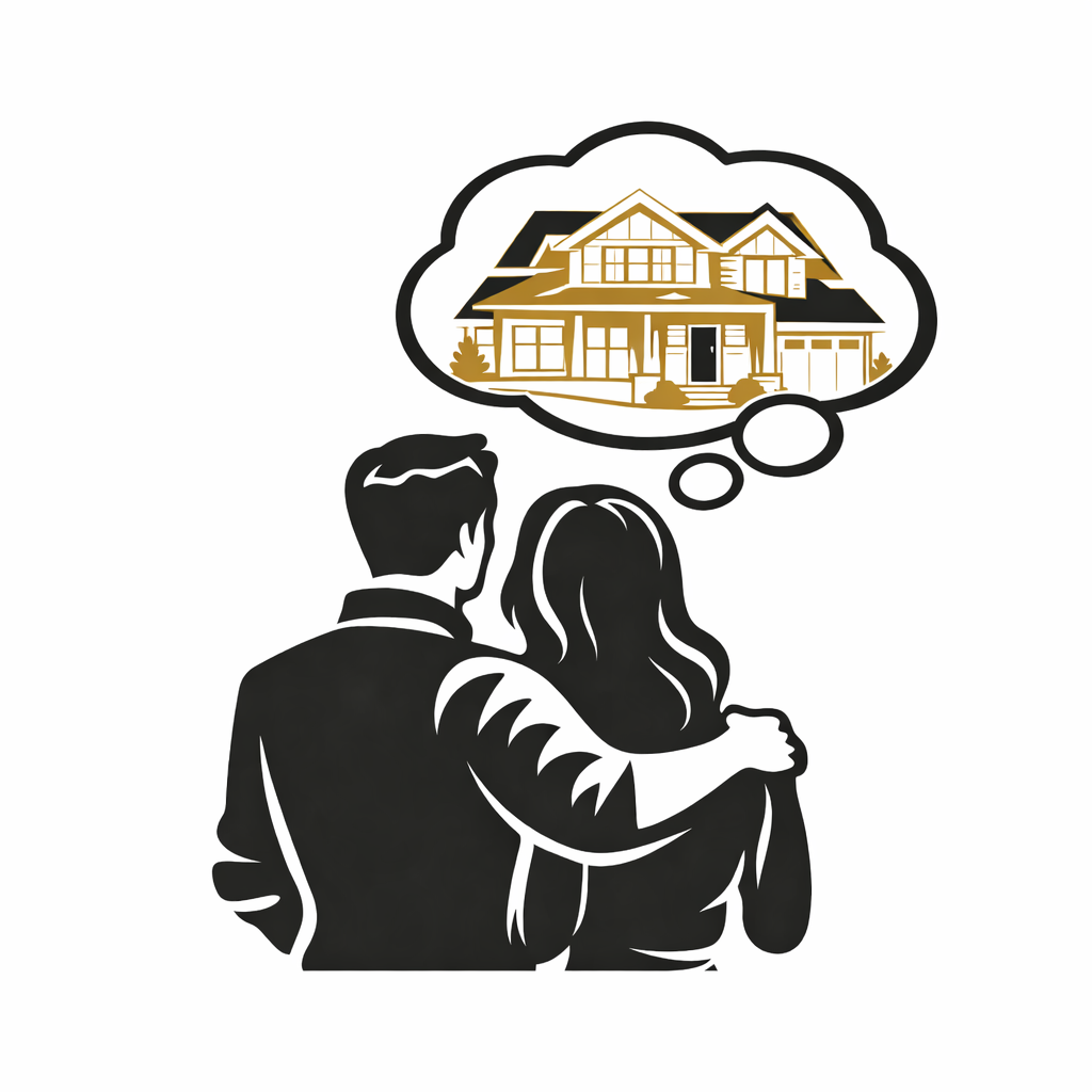 A black and white drawing of a couple with arms around each other, thinking about a house depicted in a thought bubble above their heads.