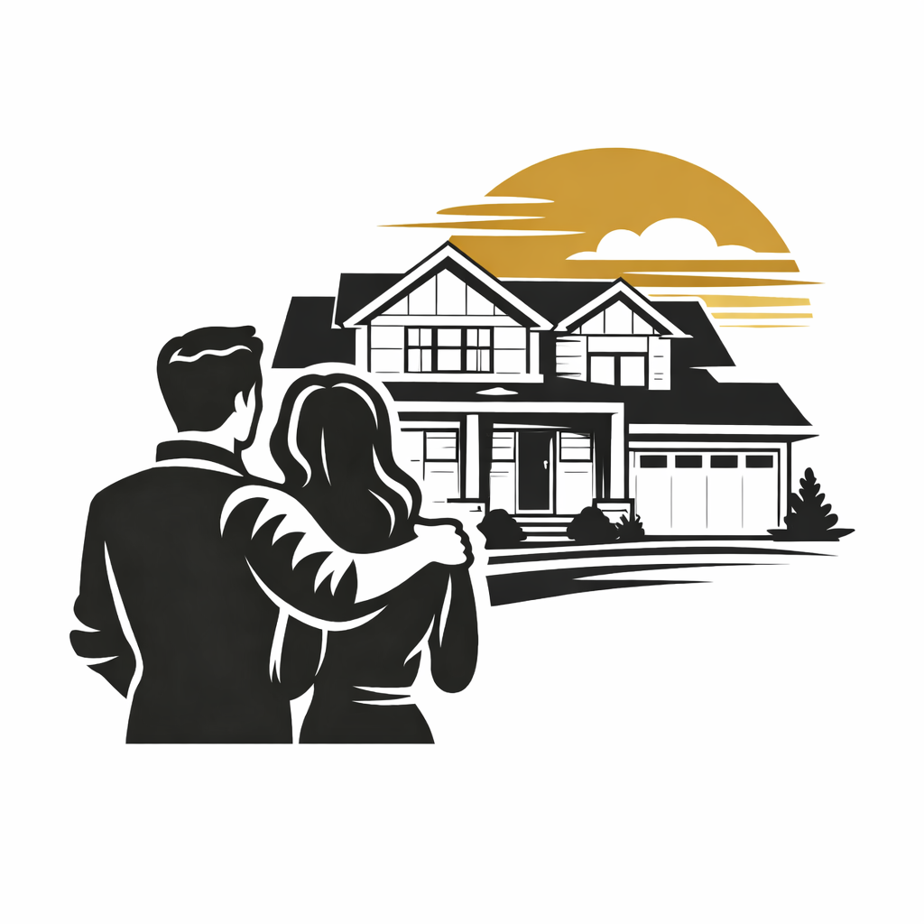 Silhouette of a couple standing in front of a large house with a sunset in the background.