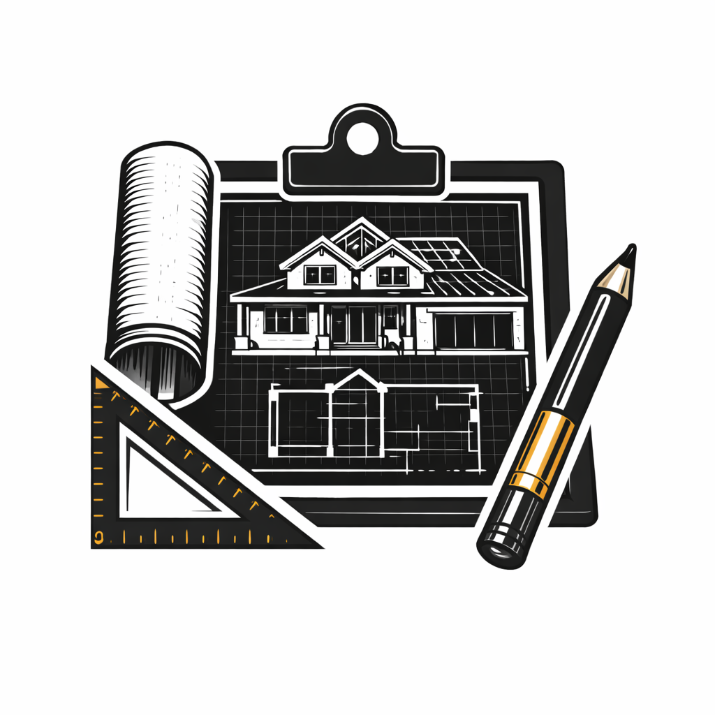A set of drafting tools including a blueprint of a house, a rolled-up plan, a triangle ruler, and a marker pen.