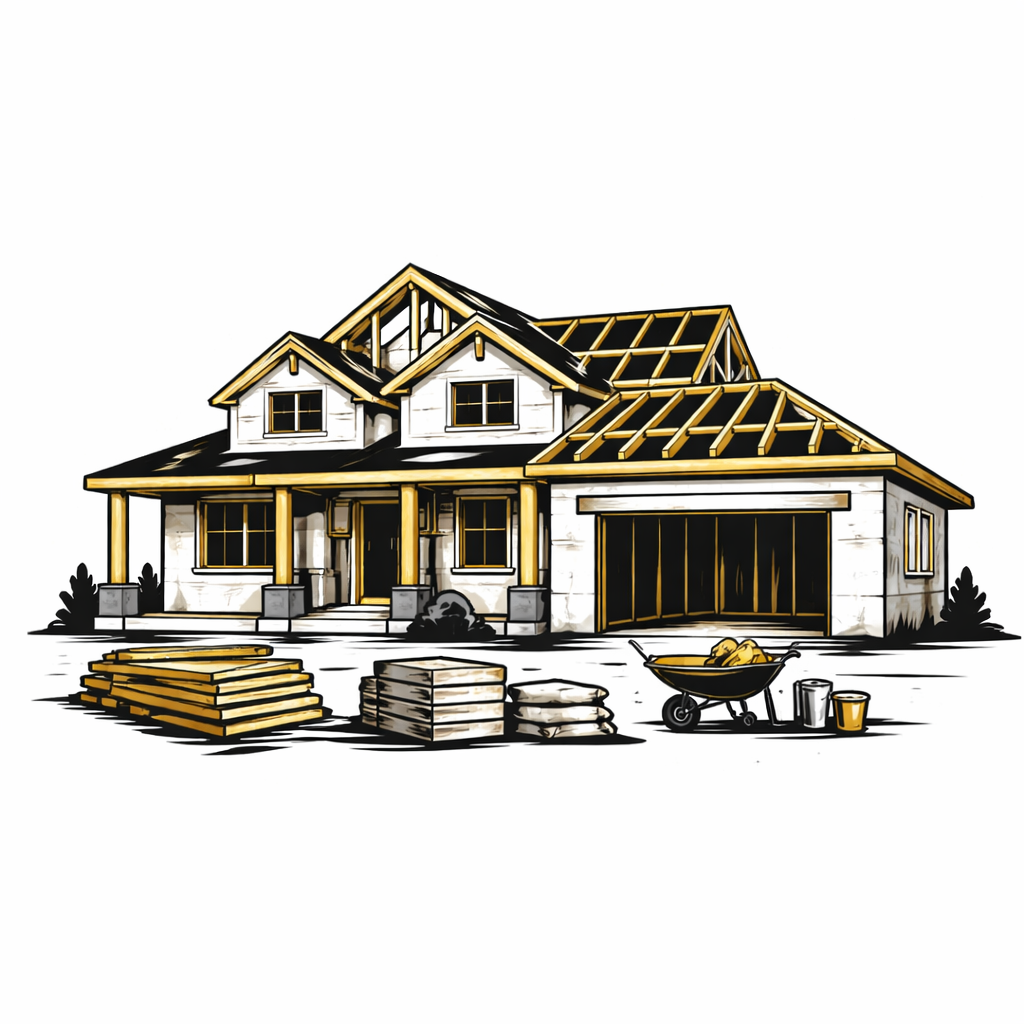 Illustration of a house under construction with a front porch, scaffolding, and building materials like wood, bricks, and a wheelbarrow in front.