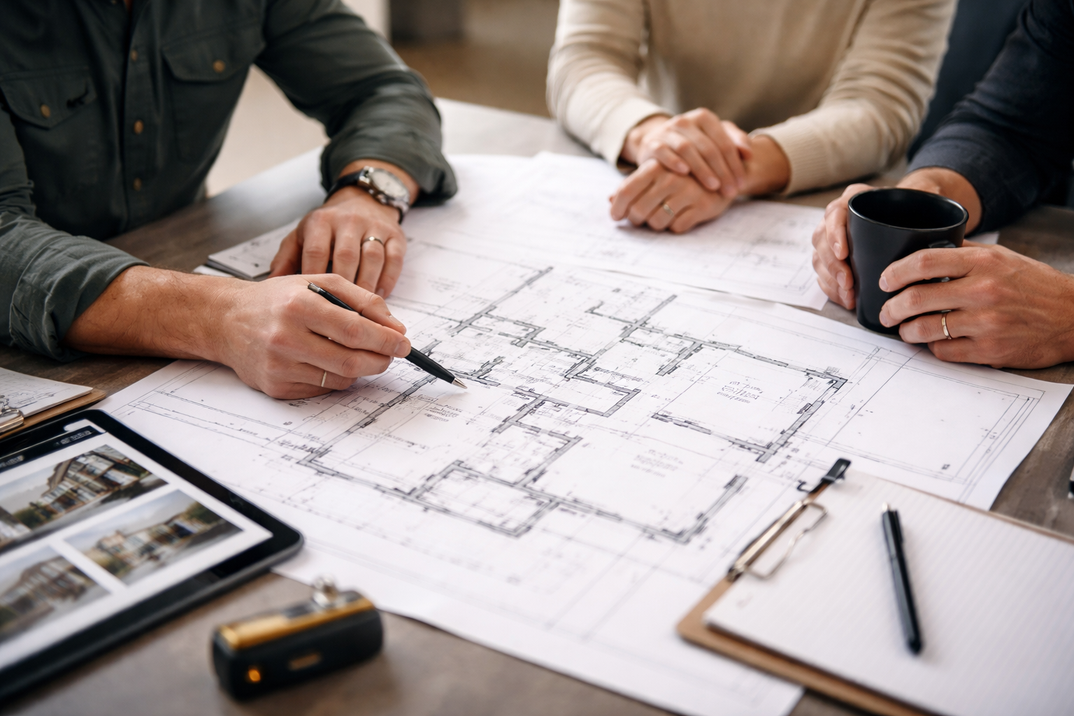 People discussing architectural blueprints on a table with a tablet, a notepad, a pen, and a coffee cup.
