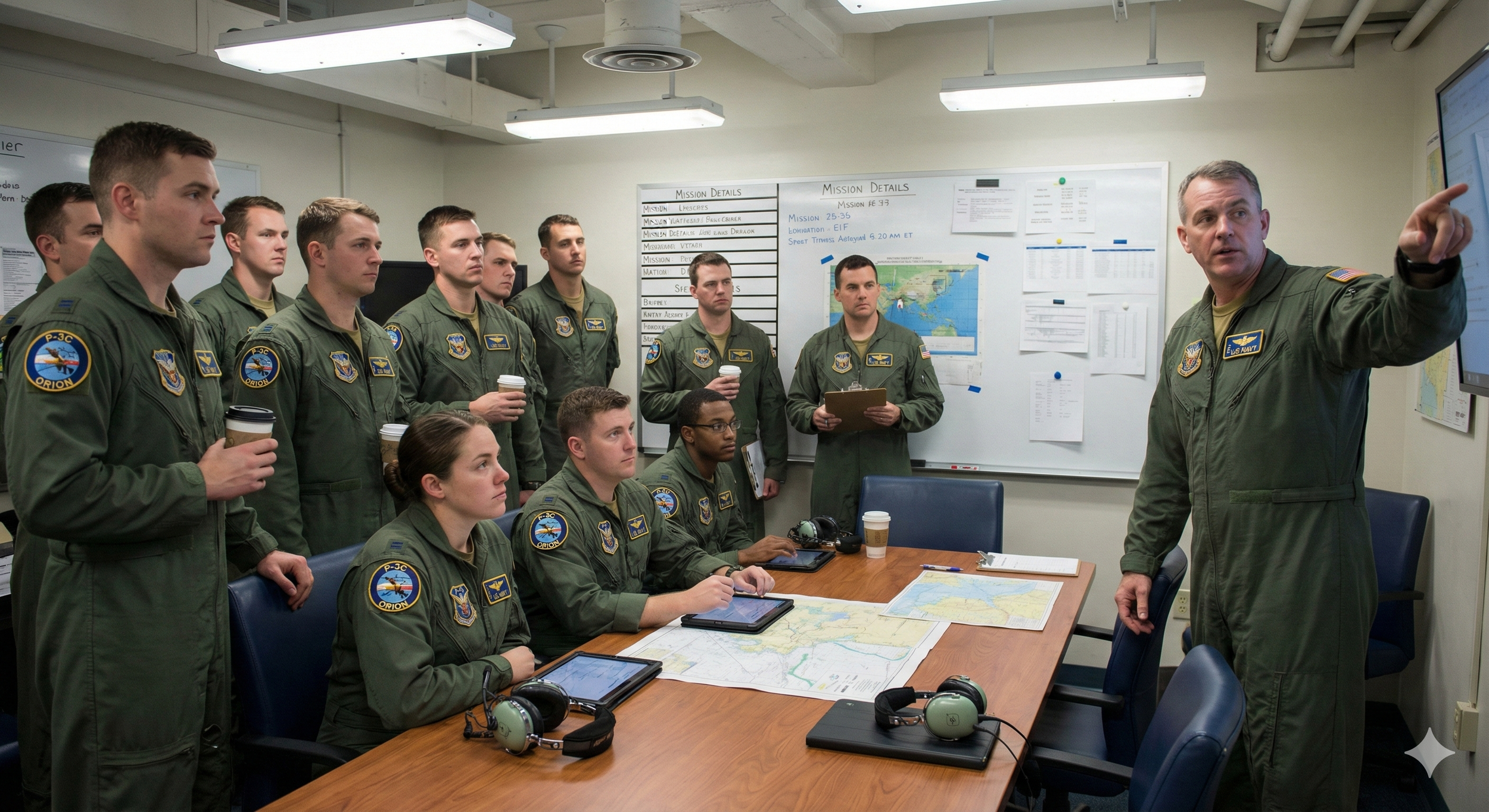 A military briefing room with a group of uniformed officers listening to a man who is pointing at a screen on the wall. The officers are seated or standing around a table with maps, tablets, and headphones. The whiteboard behind them has mission details and a world map.