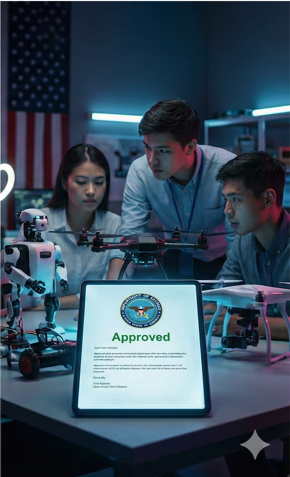 Three young adults working around drones and a robot in a tech lab, with an illuminated tablet displaying an approval certificate from the Department of Energy.
