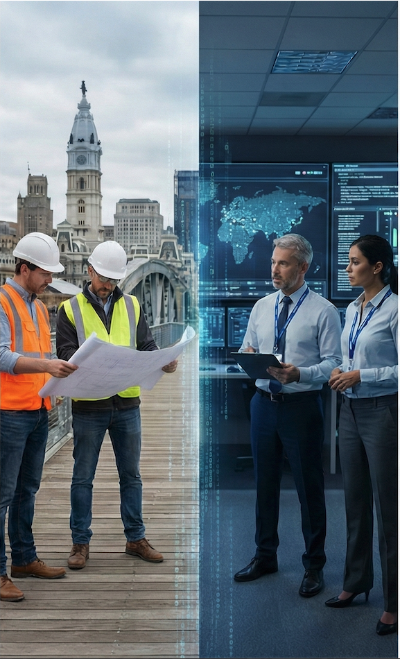 Construction workers in safety vests and helmets review plans outdoors, while office professionals in business attire analyze digital data and world maps indoors.