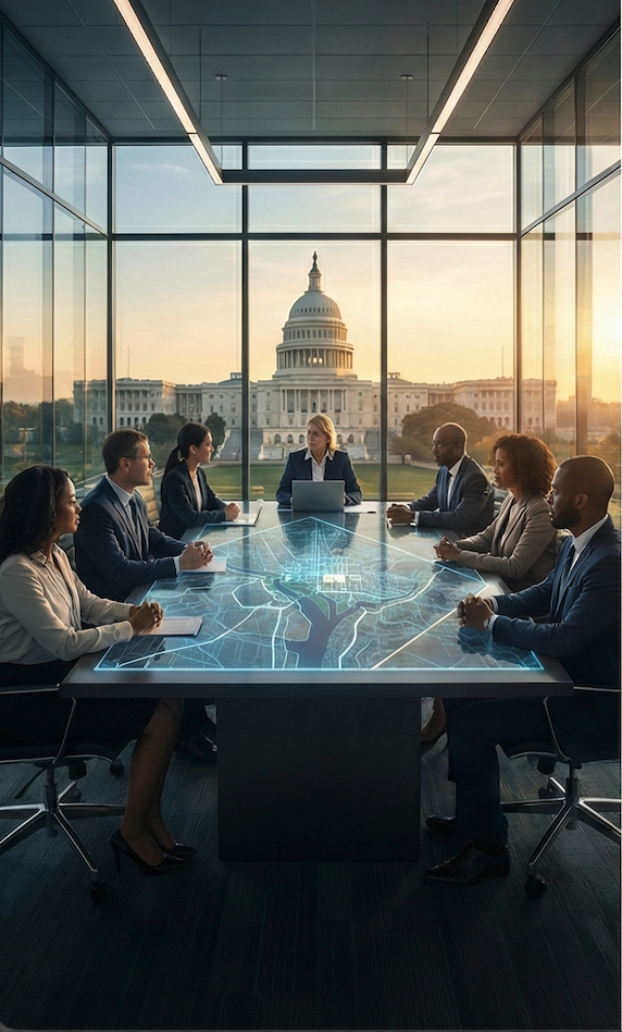 A business meeting in a modern conference room with large windows and a view of the U.S. Capitol building, featuring seven diverse professionals sitting around a glass table with a digital city map projected on it.