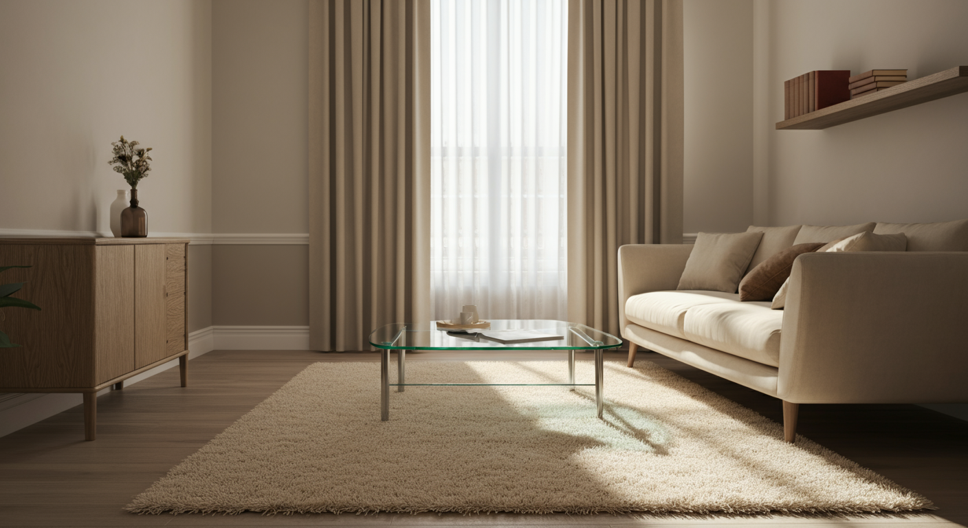 Living room with cream sofa, glass coffee table, beige rug, wooden sideboard with vase and flowers, window with light-colored curtains, and wall shelf with books.