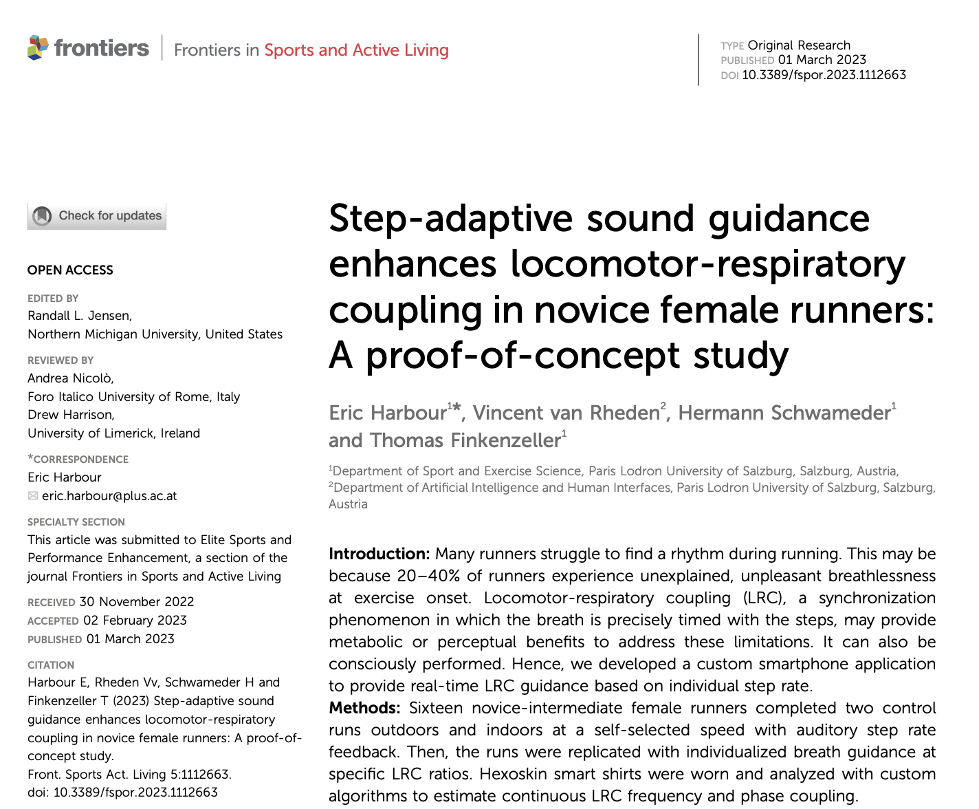 Academic journal article titled 'Step-adaptive sound guidance enhances loc motor-respiratory coupling in novice female runners,' authored by Eric Harbour and colleagues, published in Frontiers in Sports and Active Living.