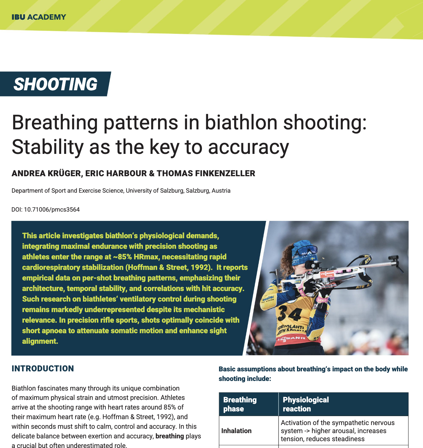 A biathlete aiming at a target during a competition, wearing a yellow and blue uniform, holding a rifle, with a blurred outdoor winter background.