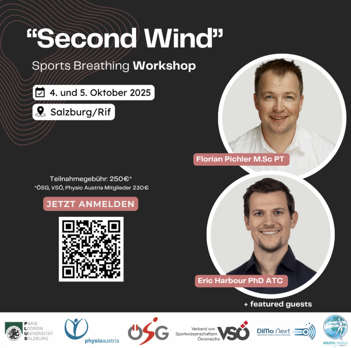 Event poster for the 'Second Wind' sports breathing workshop on October 4-5, 2025, in Salzburg/Rif. Features photos of Florian Pichler and Eric Harbour with their titles, and a QR code for registration. Logos for Paris Lodron University Salzburg, Phy