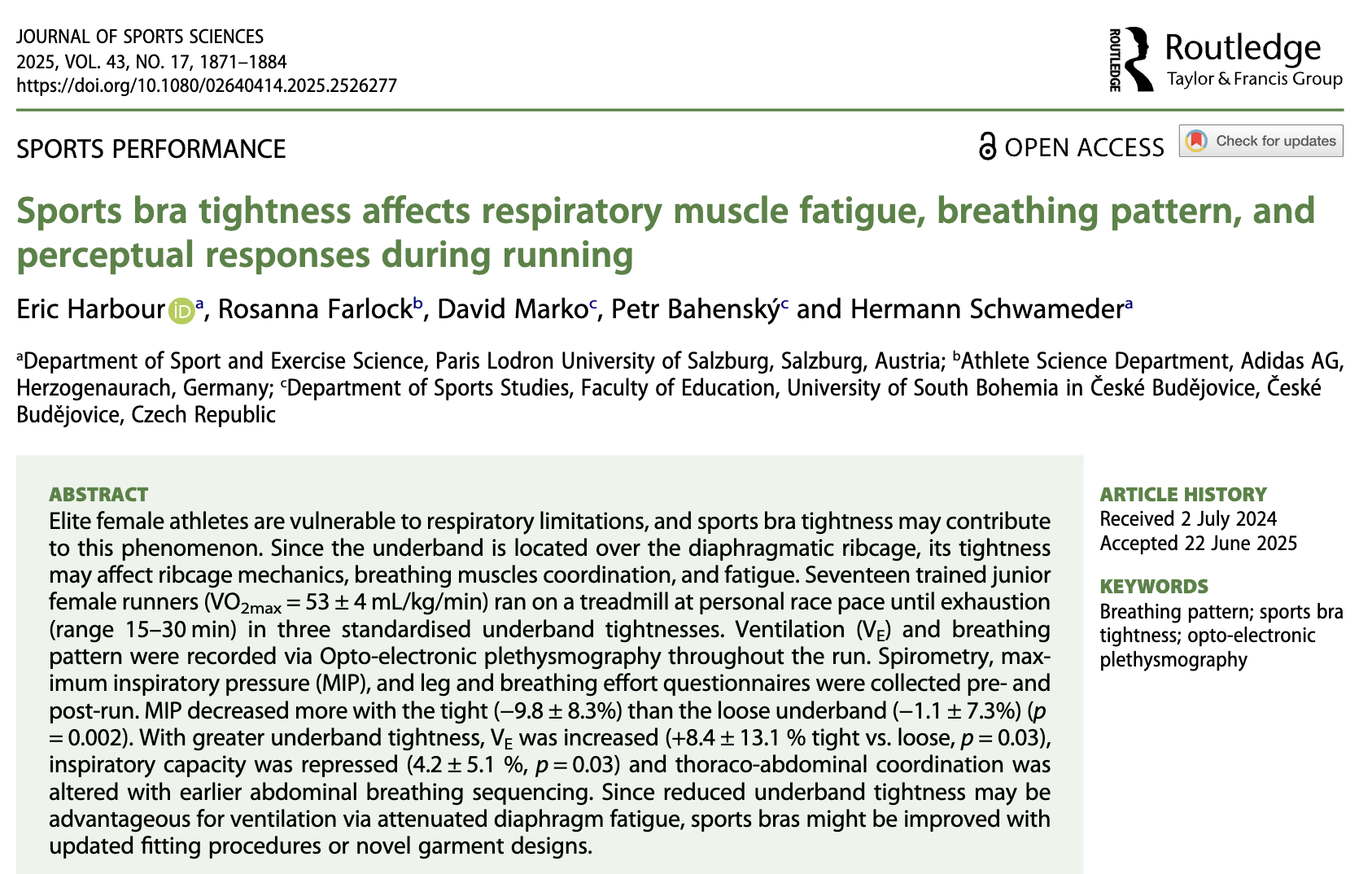 Title page of a scientific journal article from the Journal of Sports Sciences, 2025, discussing the impact of sports bra tightness on respiratory muscle fatigue, breathing pattern, and perceptual responses during running, authored by researchers fro