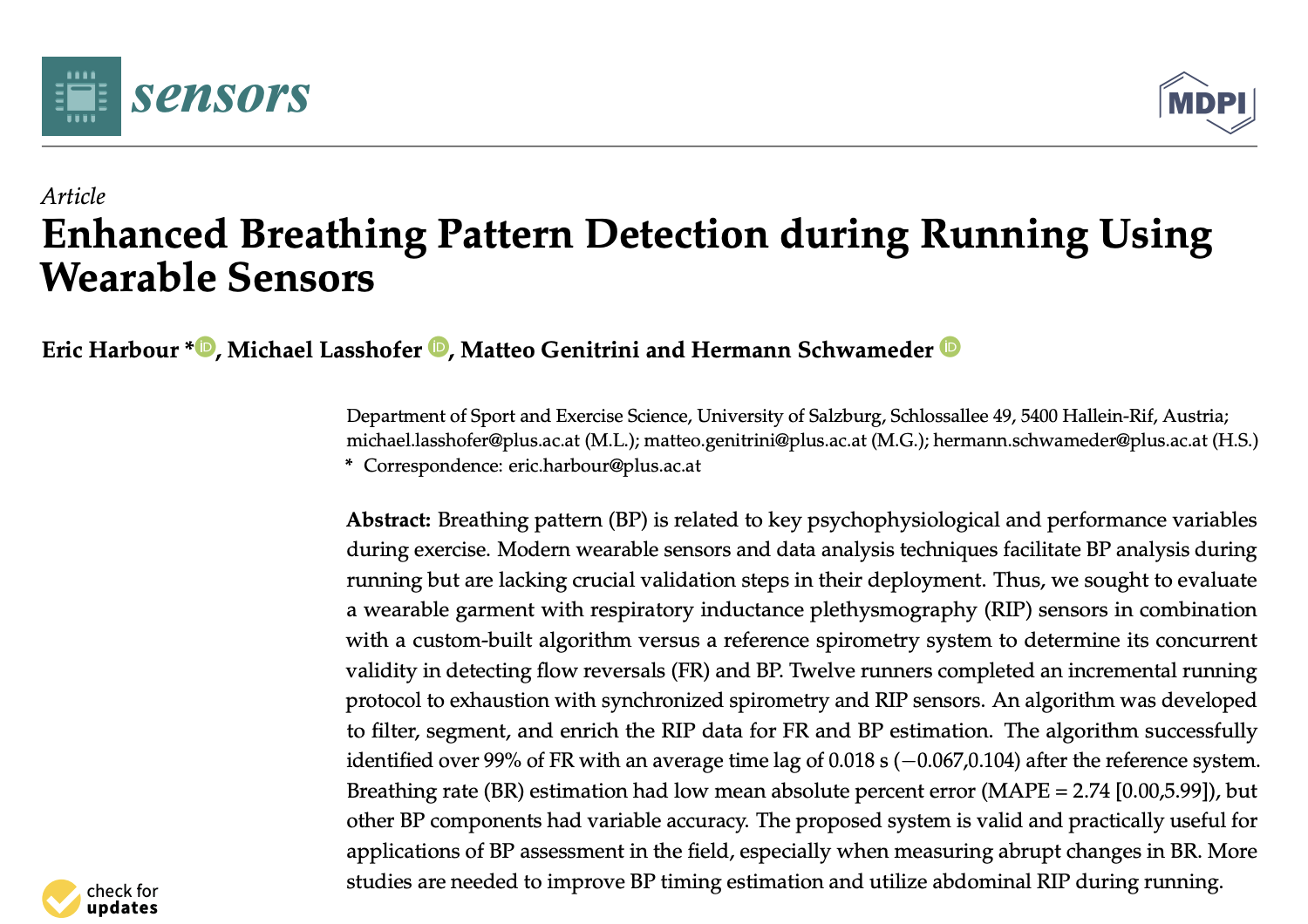 Research paper titled 'Enhanced Breathing Pattern Detection during Running Using Wearable Sensors' with author names, abstracts, and academic affiliations.