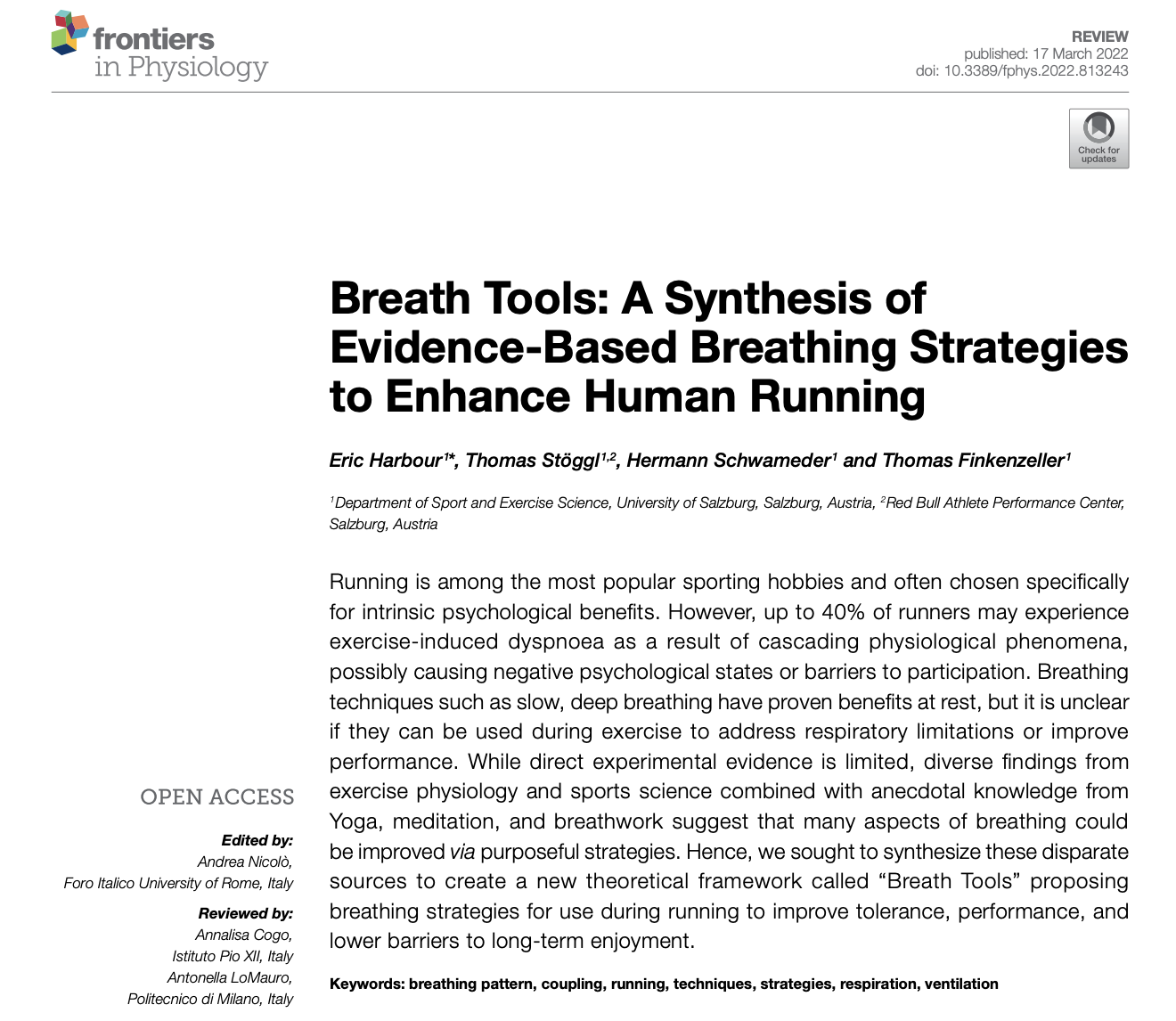 Title page of an academic article titled 'Breath Tools: A Synthesis of Evidence-Based Breathing Strategies to Enhance Human Running', published in Frontiers in Physiology, with authors Eric Harbour, Thomas Stöggl, Hermann Schwameder, and Thomas Finke