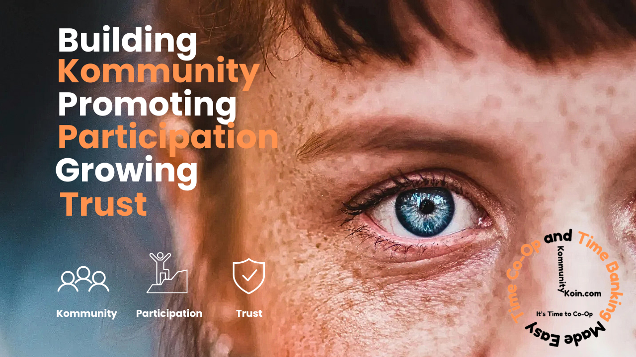 Close-up of a person's face with a blue eye, with overlaid text promoting community building, participation, growth, and trust, along with icons representing community, participation, and trust.