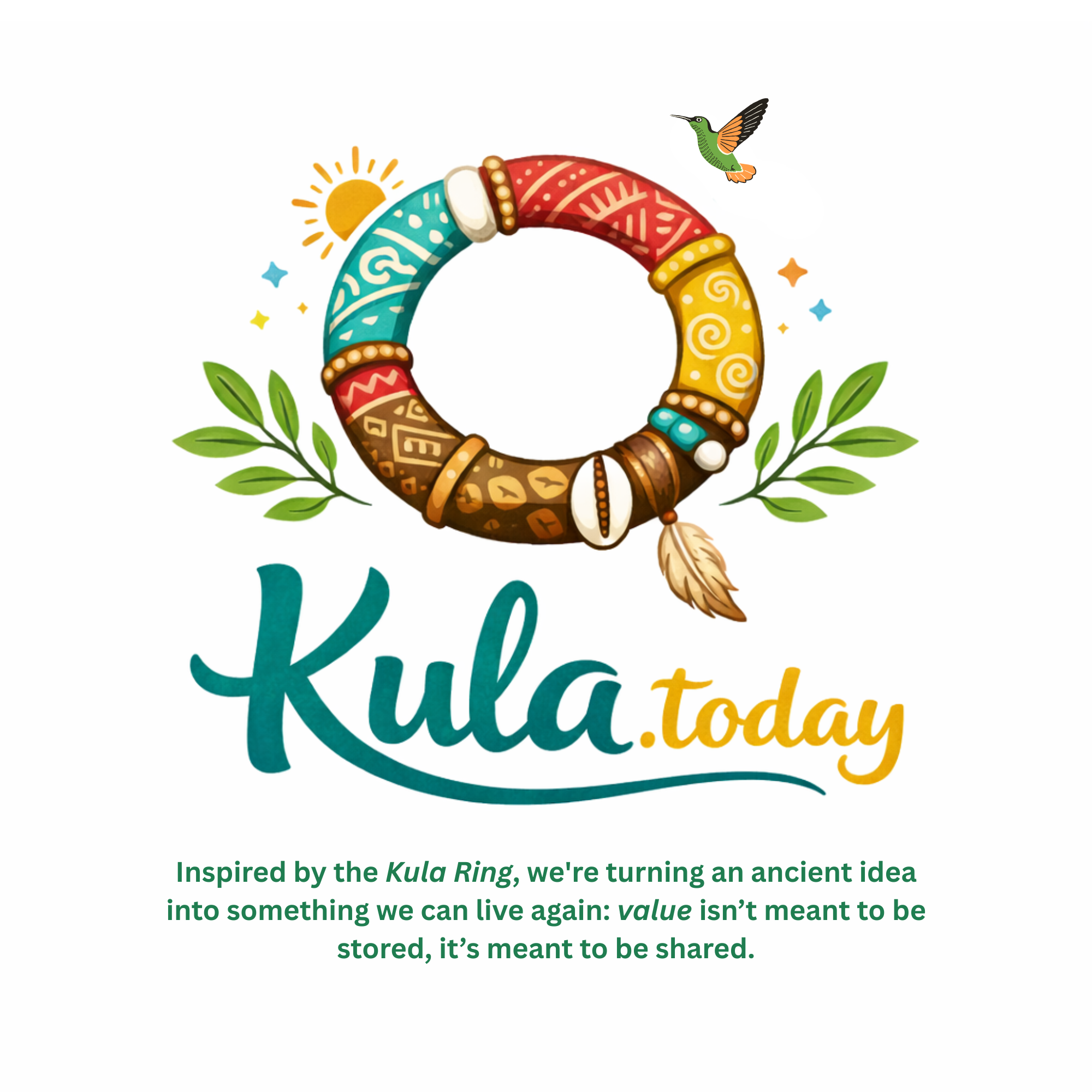 Colorful graphic of a ring decorated with traditional patterns, surrounded by a sun, hummingbird, leaves, and stars, with text reading 'Kula today' and an inspiring message about value and sharing.