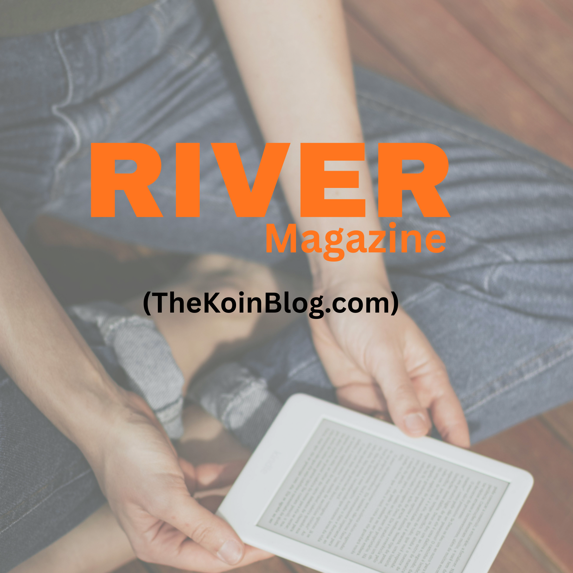 Person holding an e-reader on a bench, with a tablet and paper in the background.