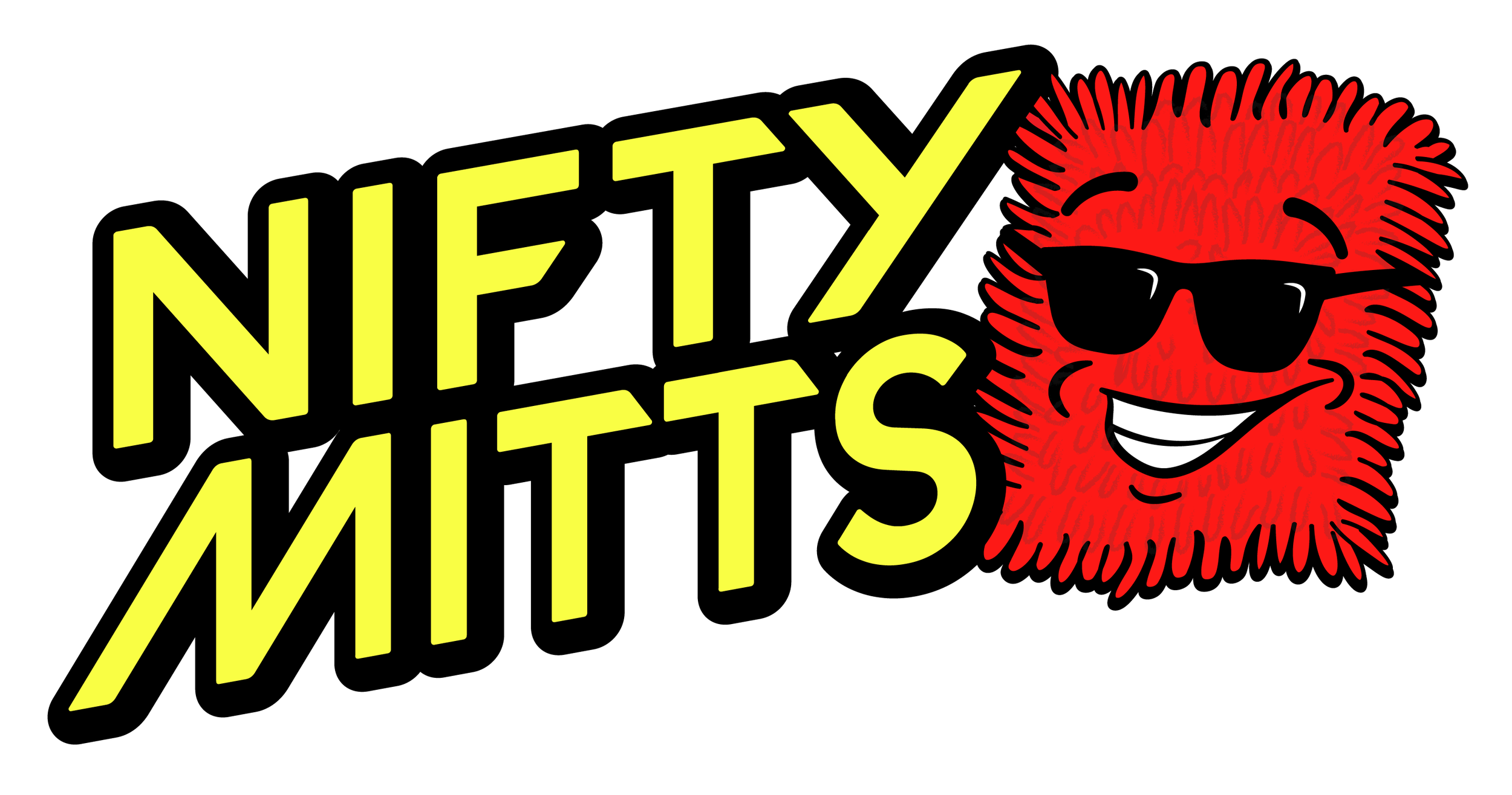 Bright yellow text saying 'Nifty Mints' with a cartoon red wash mitt mascot wearing sunglasses and smiling, on a white background.