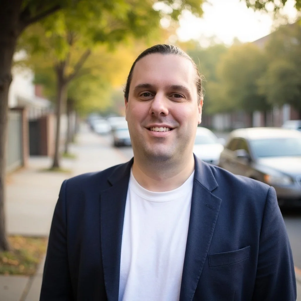 Smiling man wearing a navy blazer and white t-shirt standing outdoors on a tree-lined street with cars in the background.