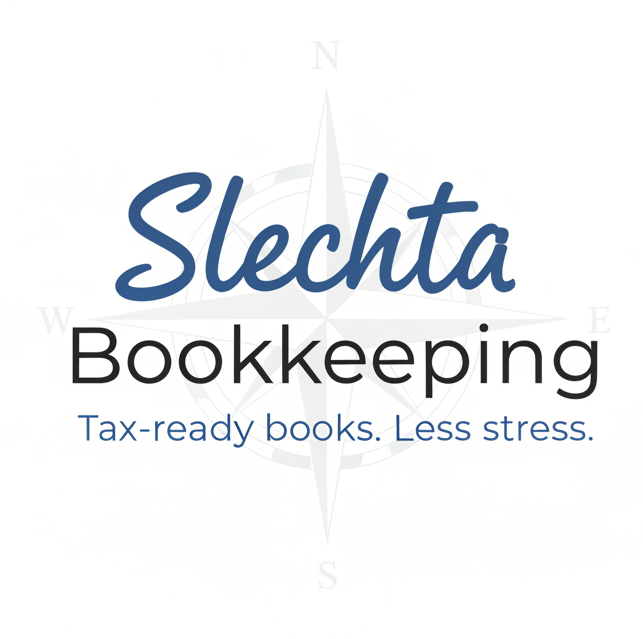 Logo for Slecha Bookkeeping featuring a compass design and slogan 'Tax-ready books. Less stress.'