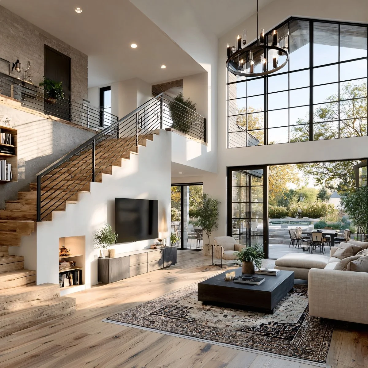 Modern living room with large floor-to-ceiling windows, a staircase with wooden steps and black metal railing, a wall-mounted TV, and contemporary furniture including sofas and a coffee table, with outdoor patio visible through glass doors.