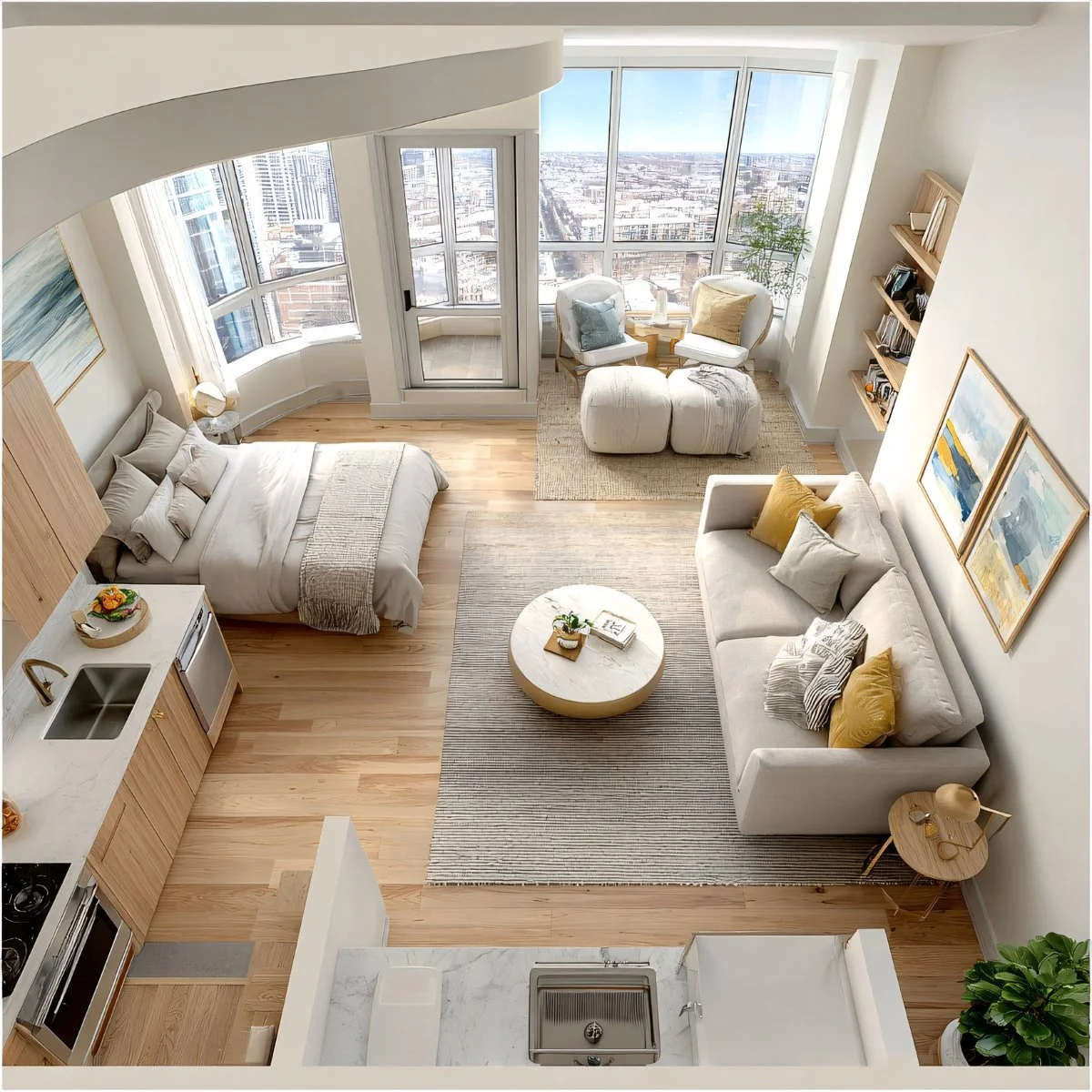 Bright studio apartment with a sleeping area, living room, and balcony. Features a bed with neutral linens, a sofa with yellow and gray pillows, a round coffee table, an armchair with a pillow by the window, and a kitchen area with a stove and sink. Large windows provide a city skyline view.