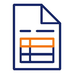 Outline of a document with a folded corner, lines representing text, an orange rectangle, and a grid at the bottom in blue and orange colors.