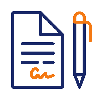 Icon of a document and a pen with an orange background.