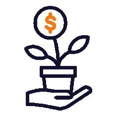 A hand holding a potted plant with a dollar sign as the plant's flower.