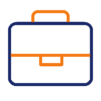 Outline drawing of a blue briefcase with an orange handle and strap