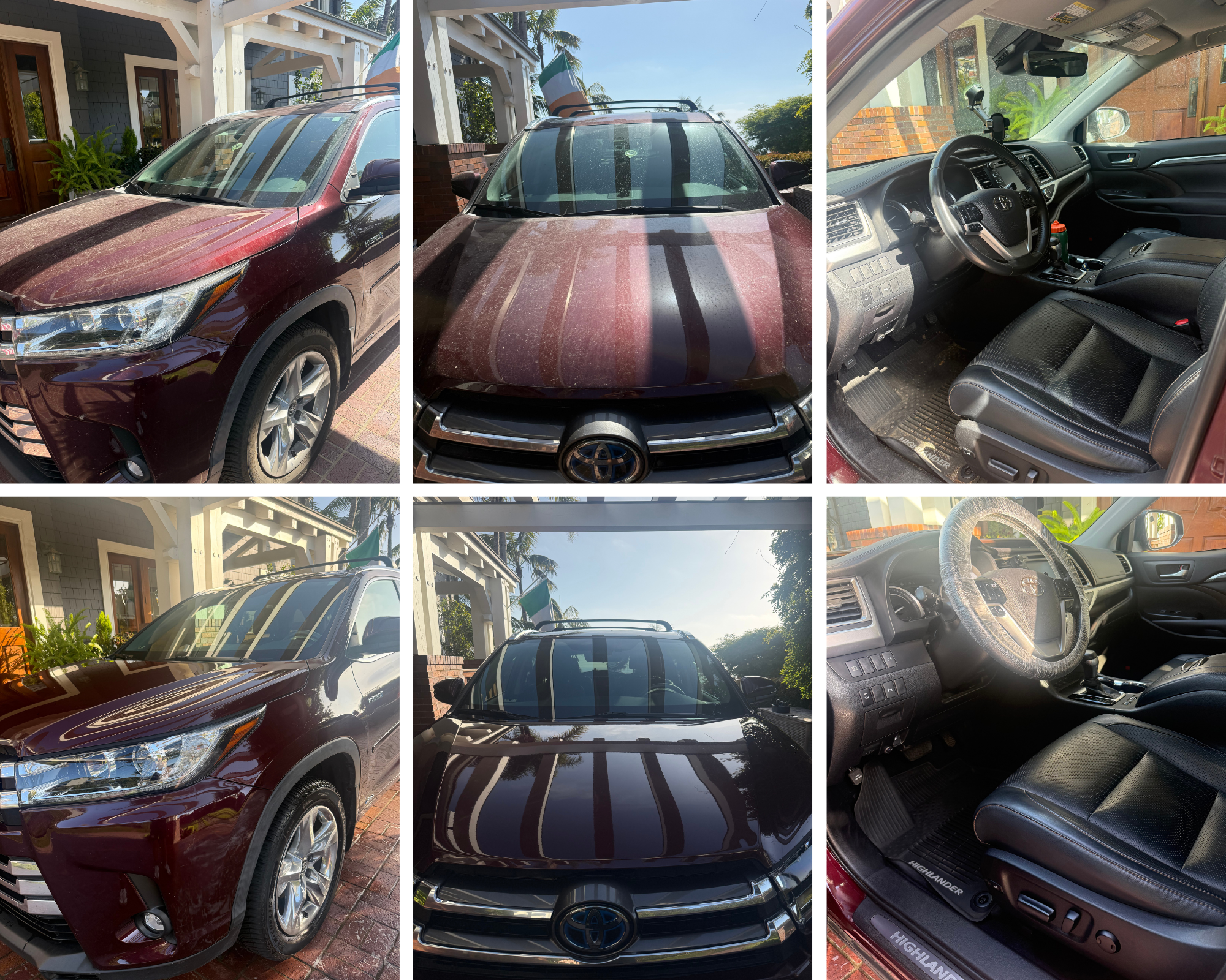 A collage of six images showing a maroon Toyota Highlander parked outside a house, focusing on different angles of the vehicle including the front, rear, sides, and interior dashboard and seats.