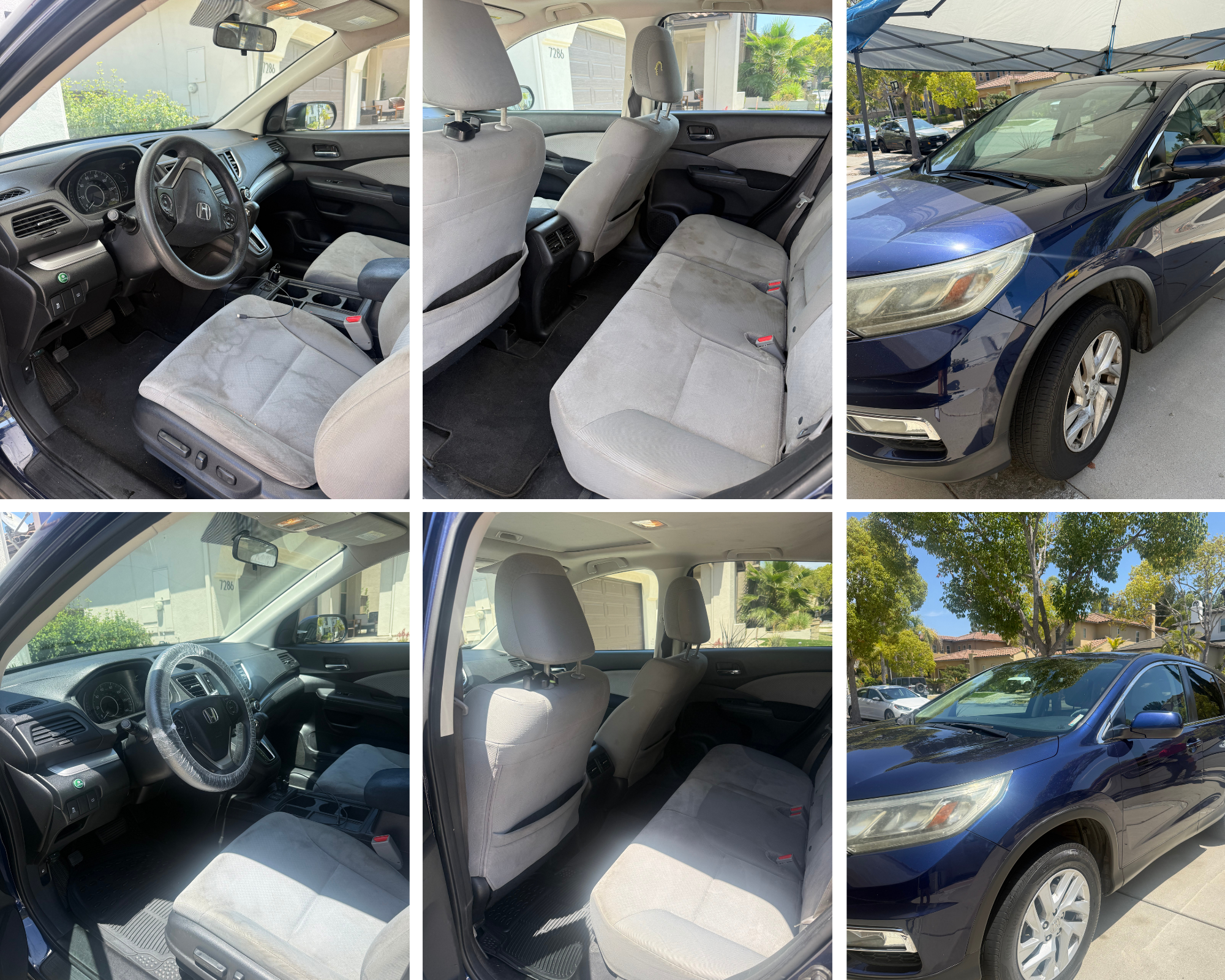 Interior images of a blue Honda CR-V, showing the dashboard with steering wheel, front seats, and the rear seats, along with exterior shots of the car's front and side view parked under a canopy in a residential neighborhood with trees and houses.