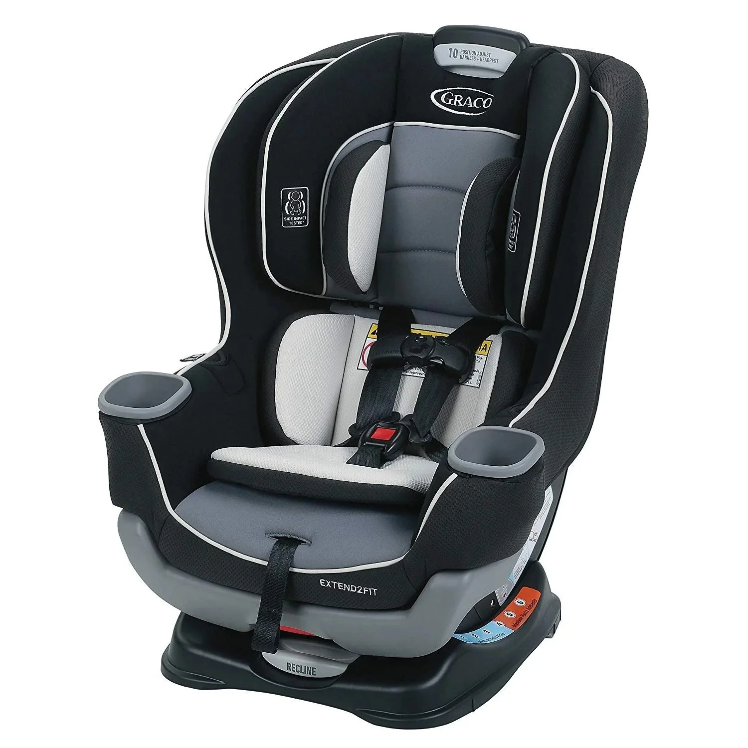 Graco child car seat with black, gray, and white fabric, adjustable headrest, and built-in cup holders.