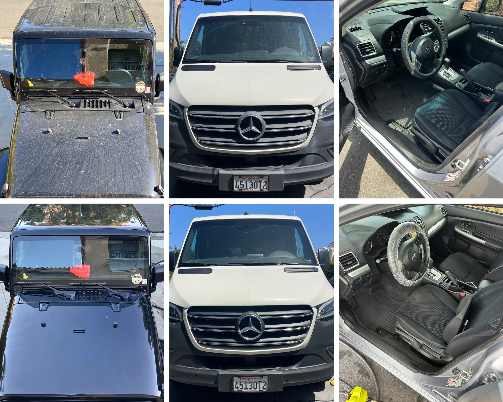 A collage of six images showing the front and interior views of two vehicles. The top and bottom left images show the front of a black Jeep with a dusty windshield and hood. The top and bottom middle images show the front of a white Mercedes-Benz van with a dusty windshield and a California license plate. The right images show the interior of the Mercedes-Benz van, including the dashboard, steering wheel, and interior seats.