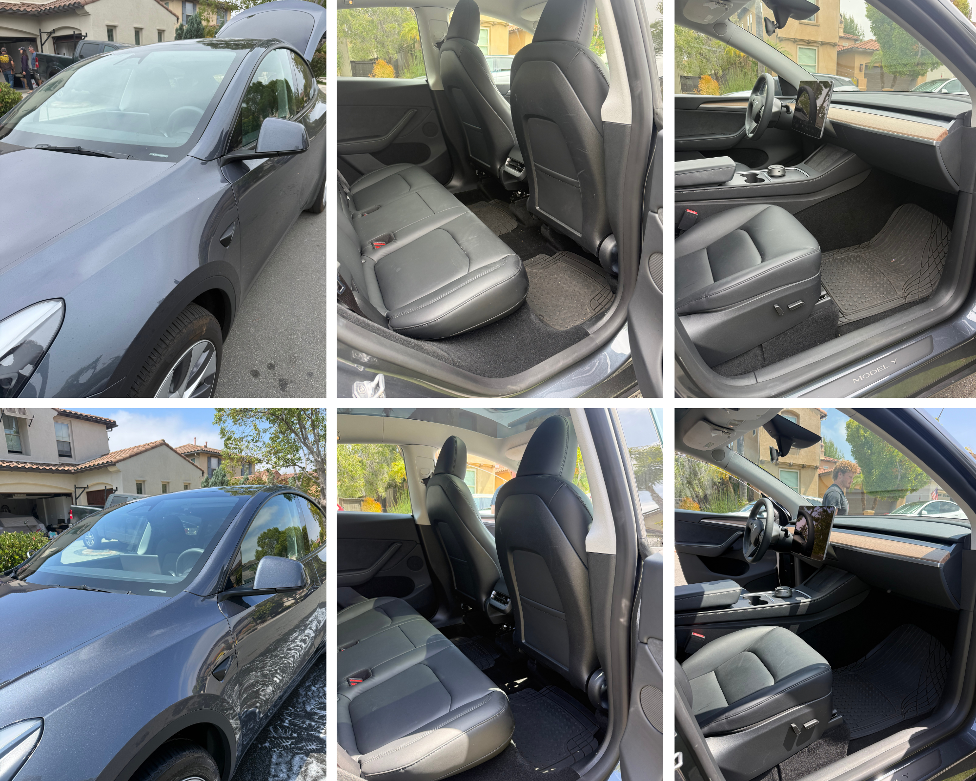 A collage of images showing the exterior and interior of a gray Tesla Model Y electric vehicle parked outdoors in a suburban neighborhood. The images include the front view of the car, the back seats, the dashboard with a center screen, and the front seats from different angles.