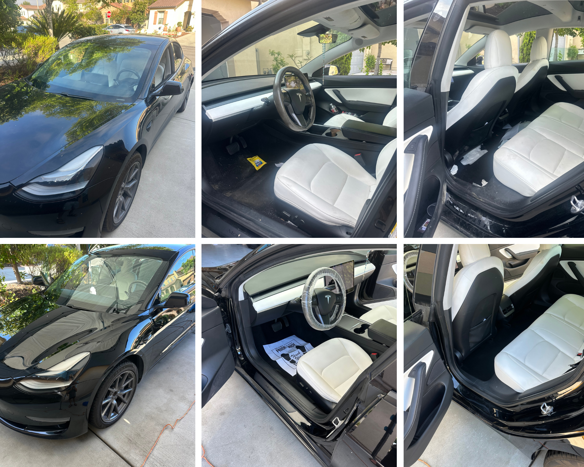 A collage of images showing a black Tesla Model 3 car parked outside, with a view of its interior including white seats and steering wheel, and close-up shots of the driver's side and passenger seats.