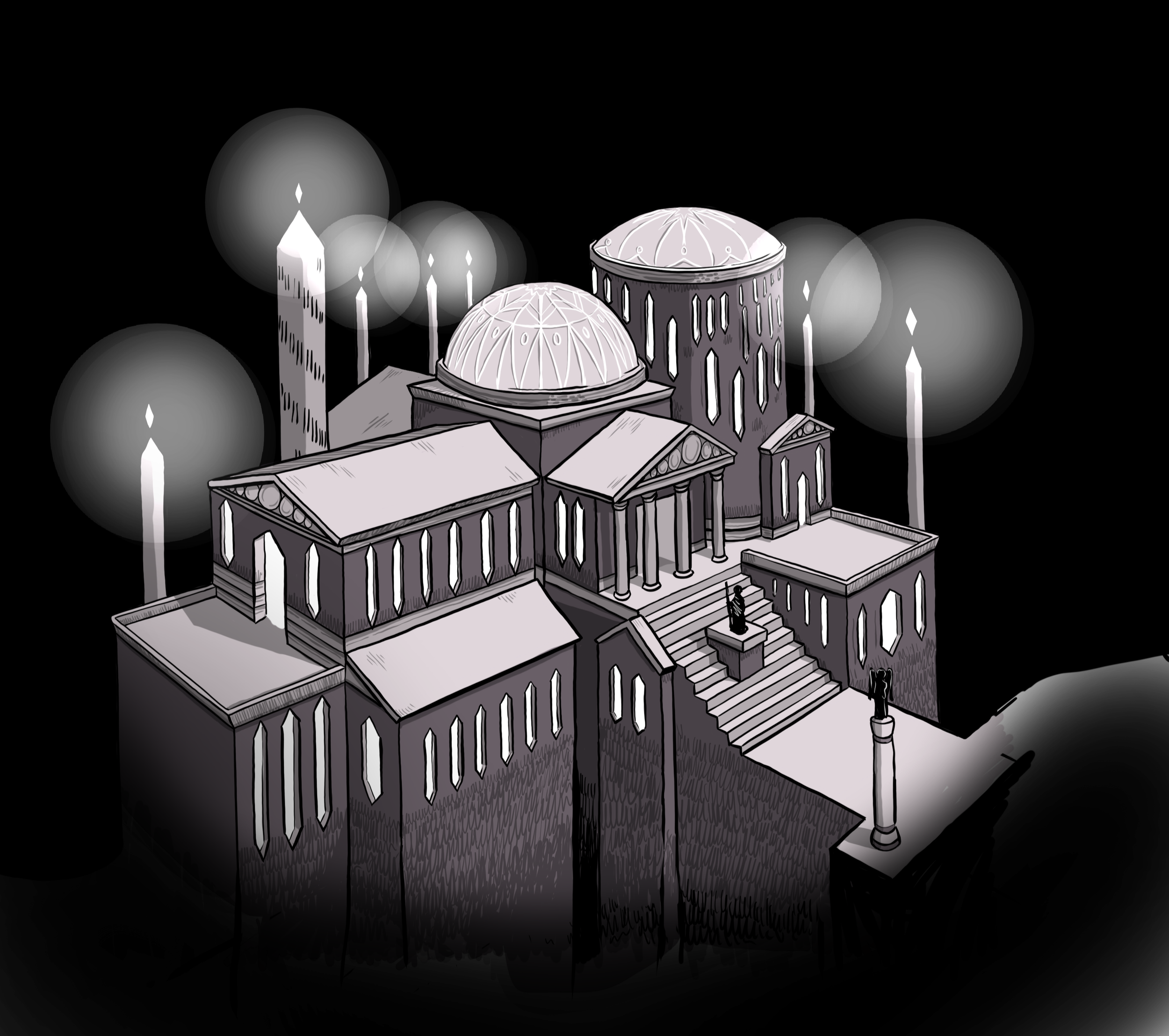A grayscale illustration of a grand, classical-style building with domed roofs, columns, stairs, and statues, illuminated by floating orbs of light against a black background.
