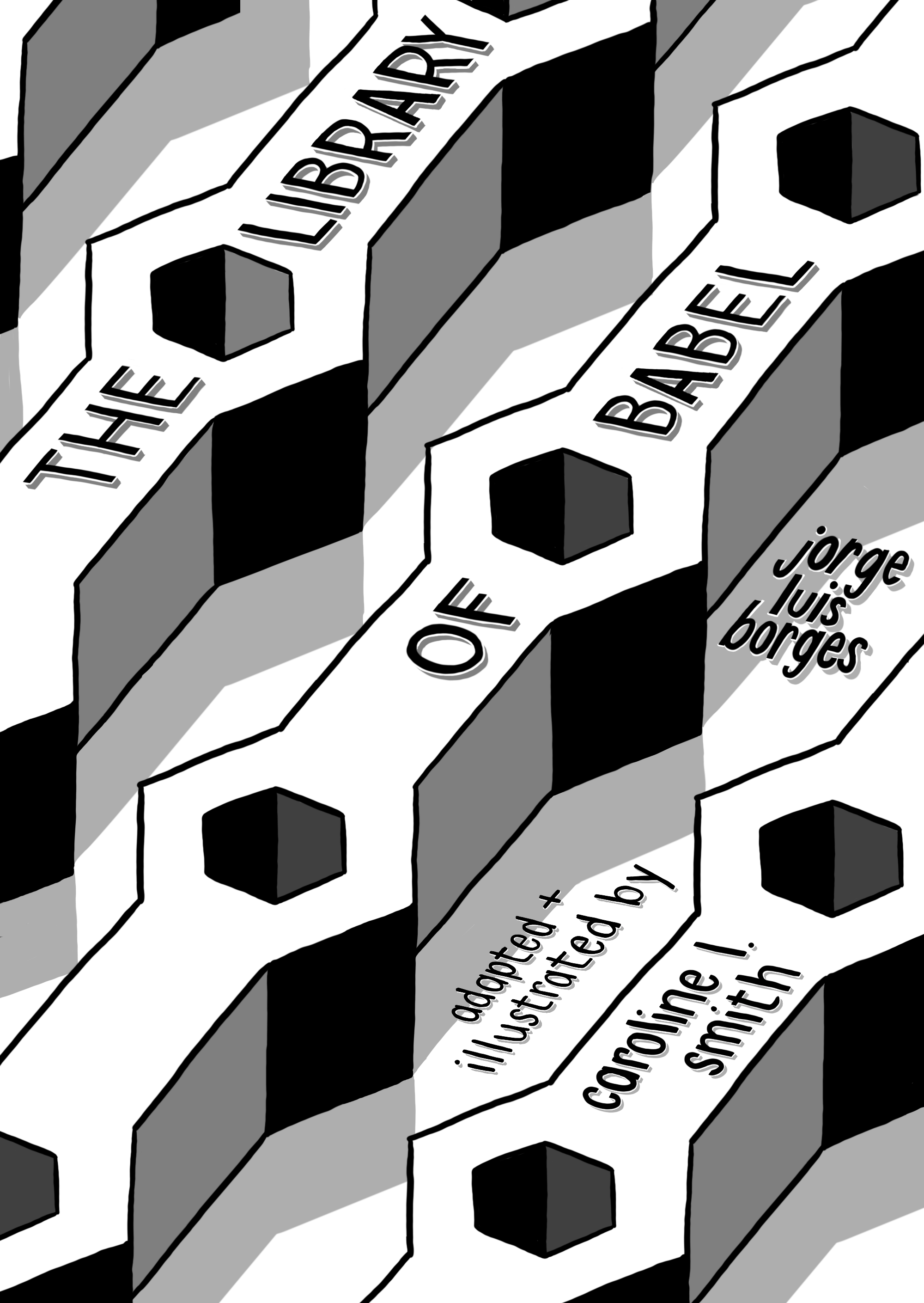 Black and white illustration of stacked books with the titles 'The Library of Jorge Luis Borges' and the author's name. The books appear to form a repeating pattern.