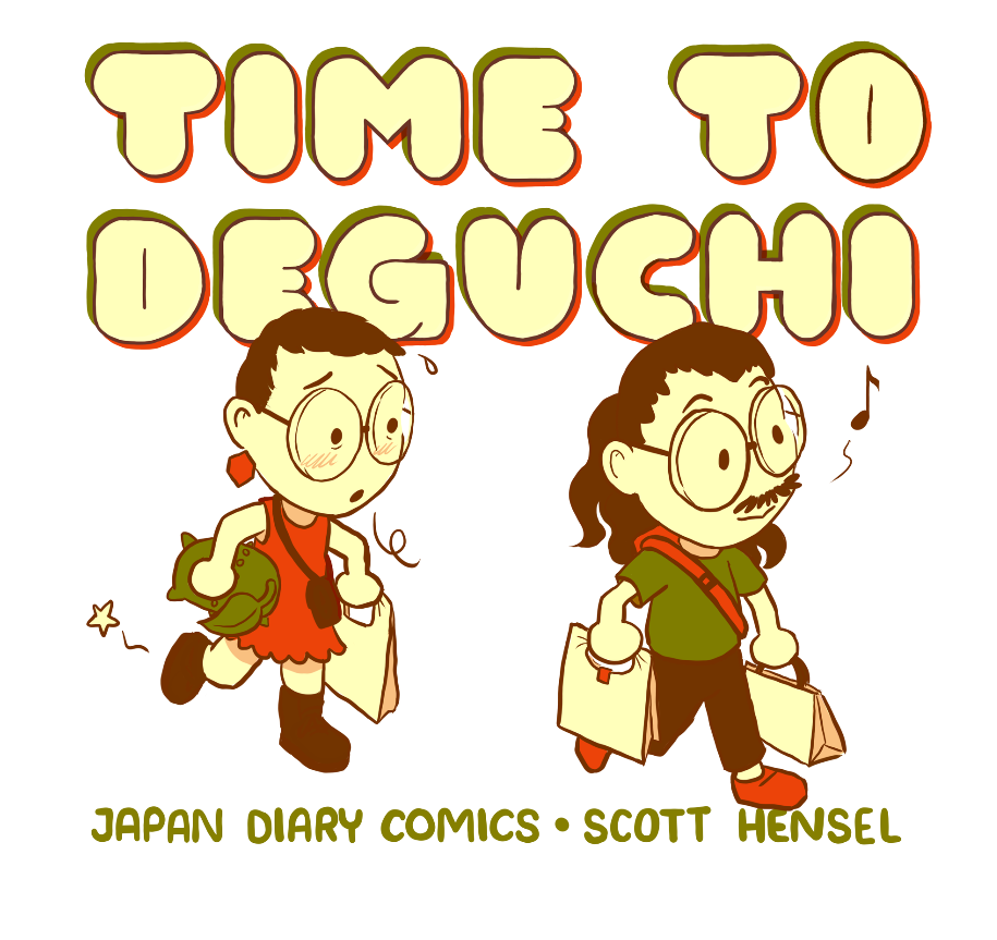A comic book cover titled 'Time to DeGuchi' features two cartoon characters with large glasses, one girl with short black hair and a mustache, both carrying shopping bags, and the subtitle 'Japan Diary Comics · Scott Hensel'.