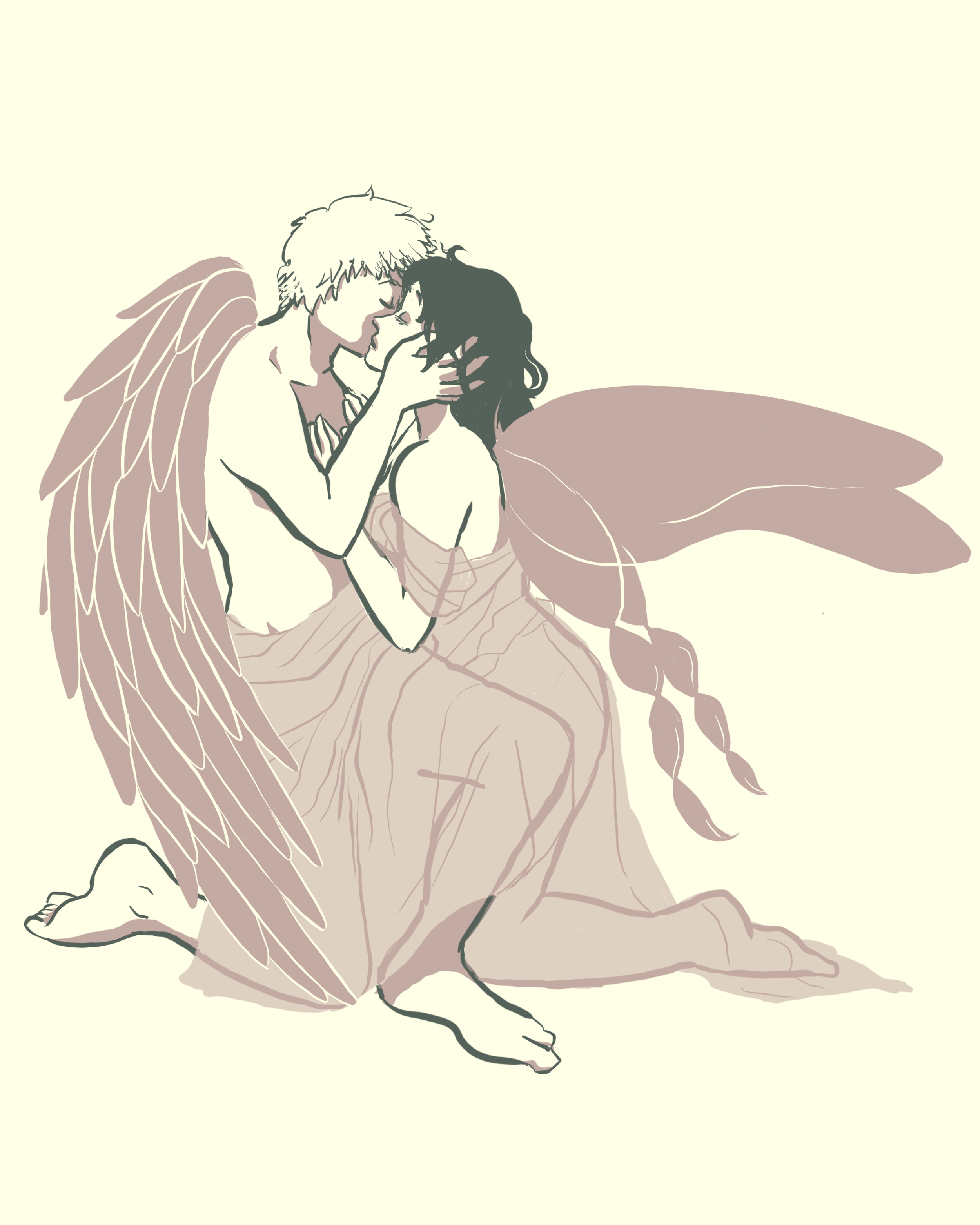 A digital drawing of two humanoid characters with fairy-like wings sharing an intimate moment, kneeling on the ground, with a plain background.