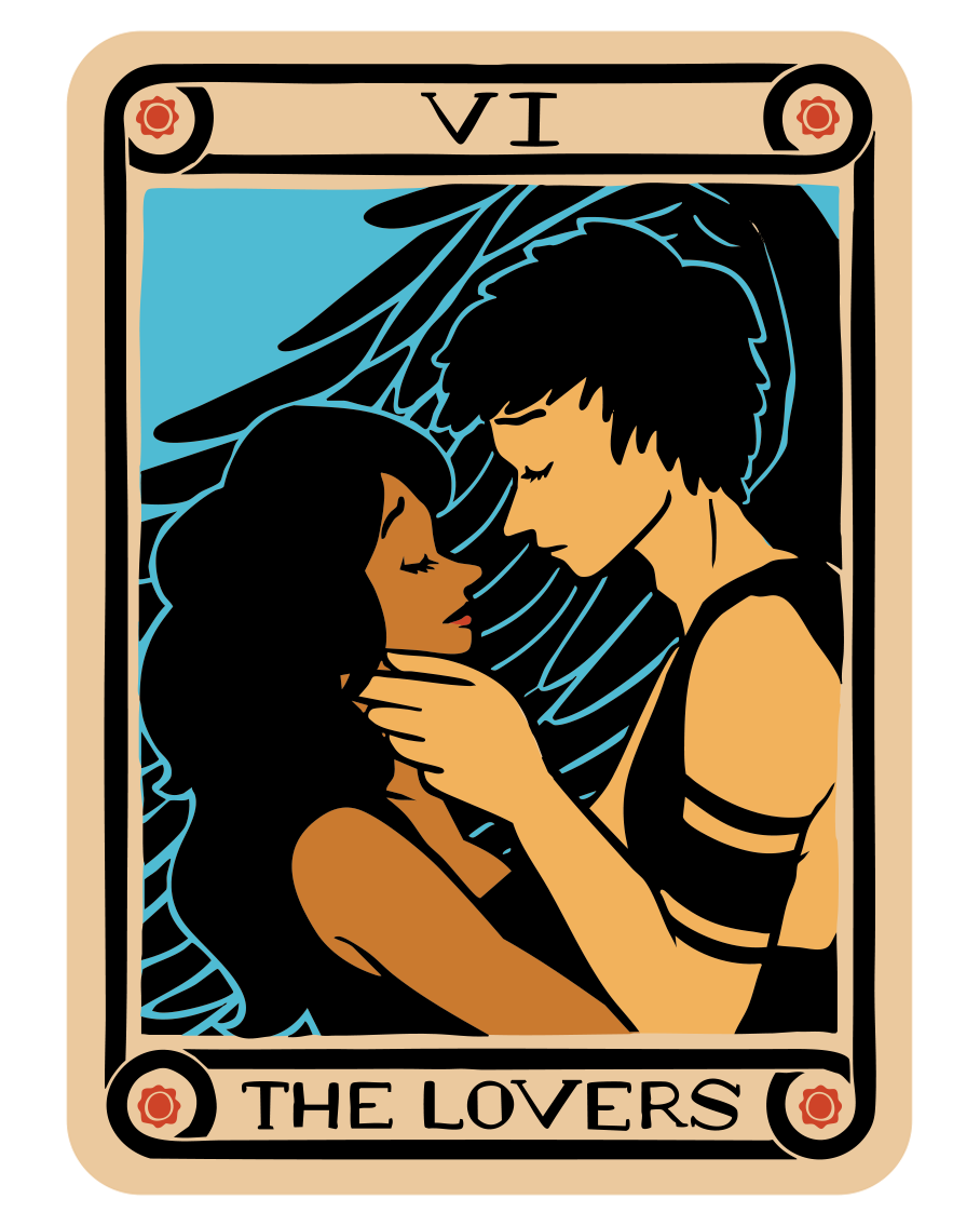 Illustration of two lovers in an intimate embrace with their foreheads touching and eyes closed, framed as a tarot card labeled "The Lovers" with Roman numeral VI at the top.