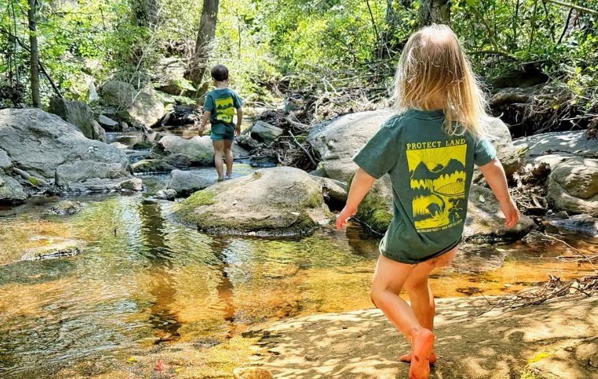 Two children exploring a shallow stream in a wooded area.