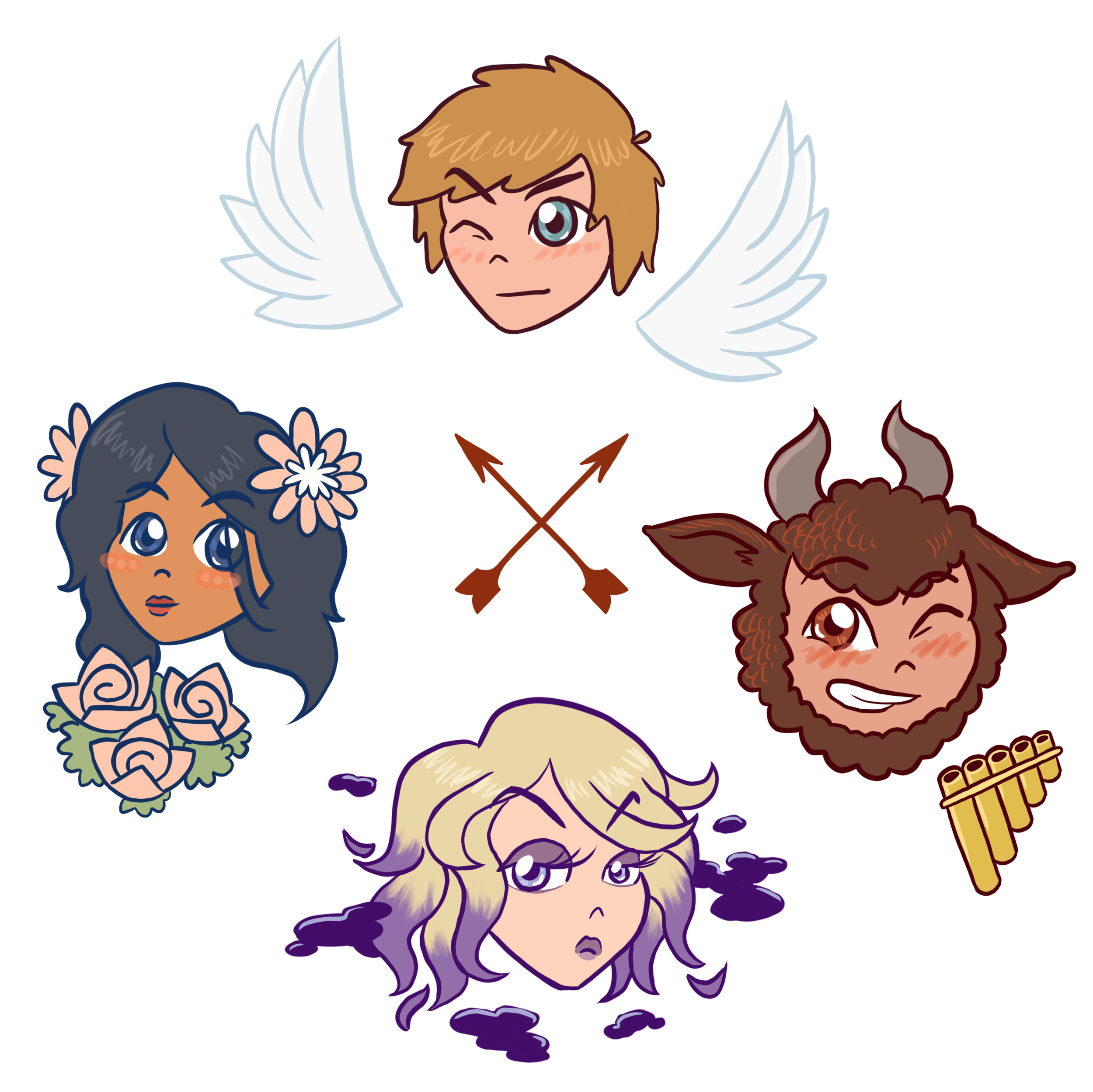 Collection of five cartoon-style fantasy characters with mythical elements, including a winged human, a lady with flowers, a male with horns, a female with purple hair, and a musical instrument.