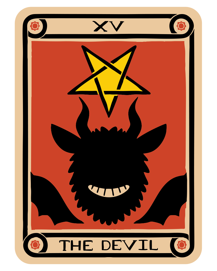 A stylized tarot card titled 'The Devil' featuring a black silhouette of a devil with bat-like wings, a burnt orange background, and a yellow pentagram above its head.
