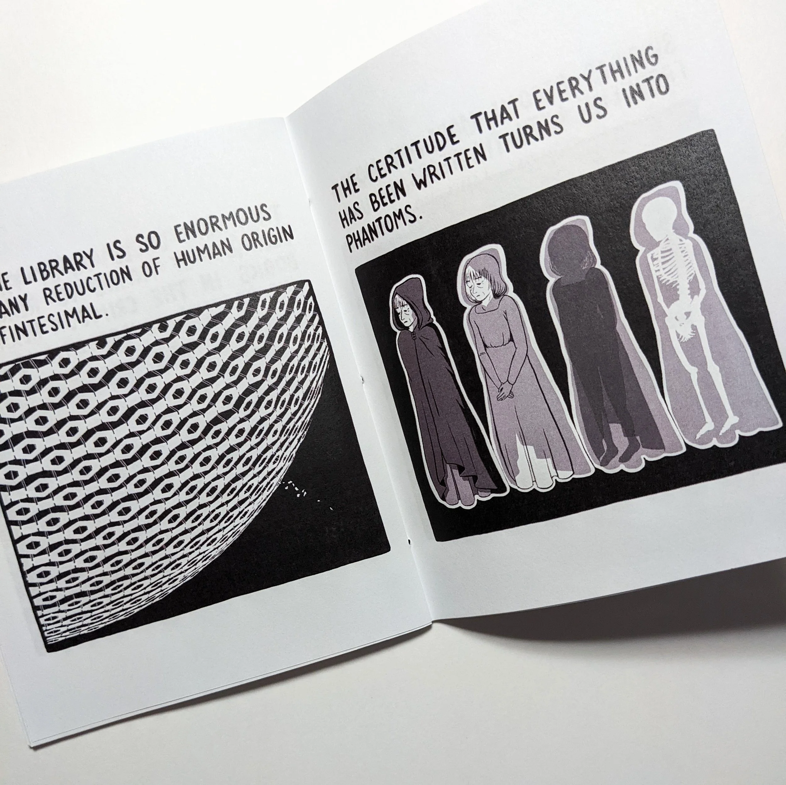 An illustrated book showing a structure resembling a large building with a patterned face on the left page and a sequence of four women wearing cloaks on the right page, accompanied by quote-style text.