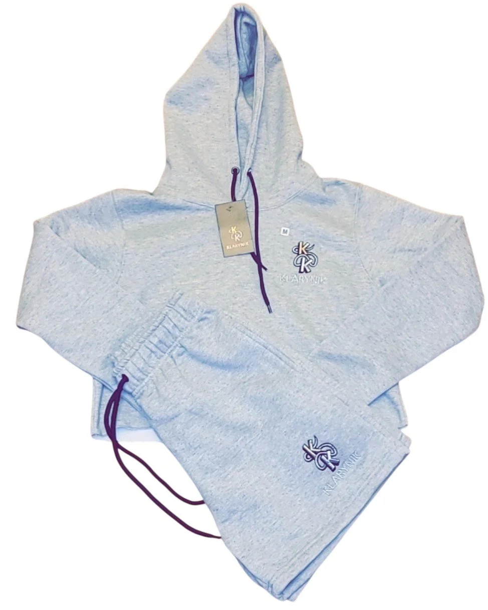 Gray hoodie and sweatpants with purple drawstrings and embroidered logo, laid flat on a white background.
