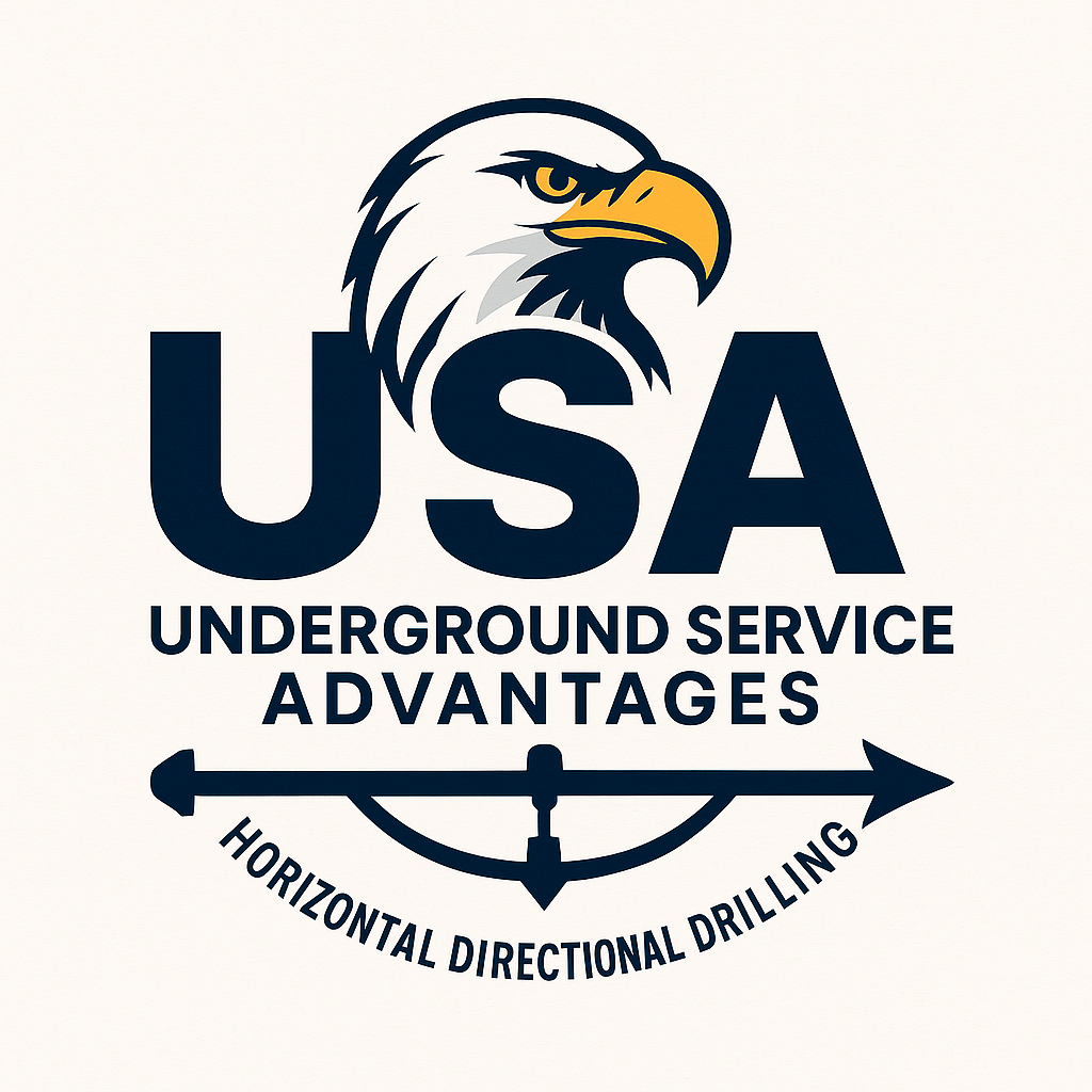 A logo with a bald eagle's head above the words "USA Underground Service Advantages" along with a horizontal directional drilling icon with arrows pointing left and right and the phrase "Horizontal Directional Drilling".