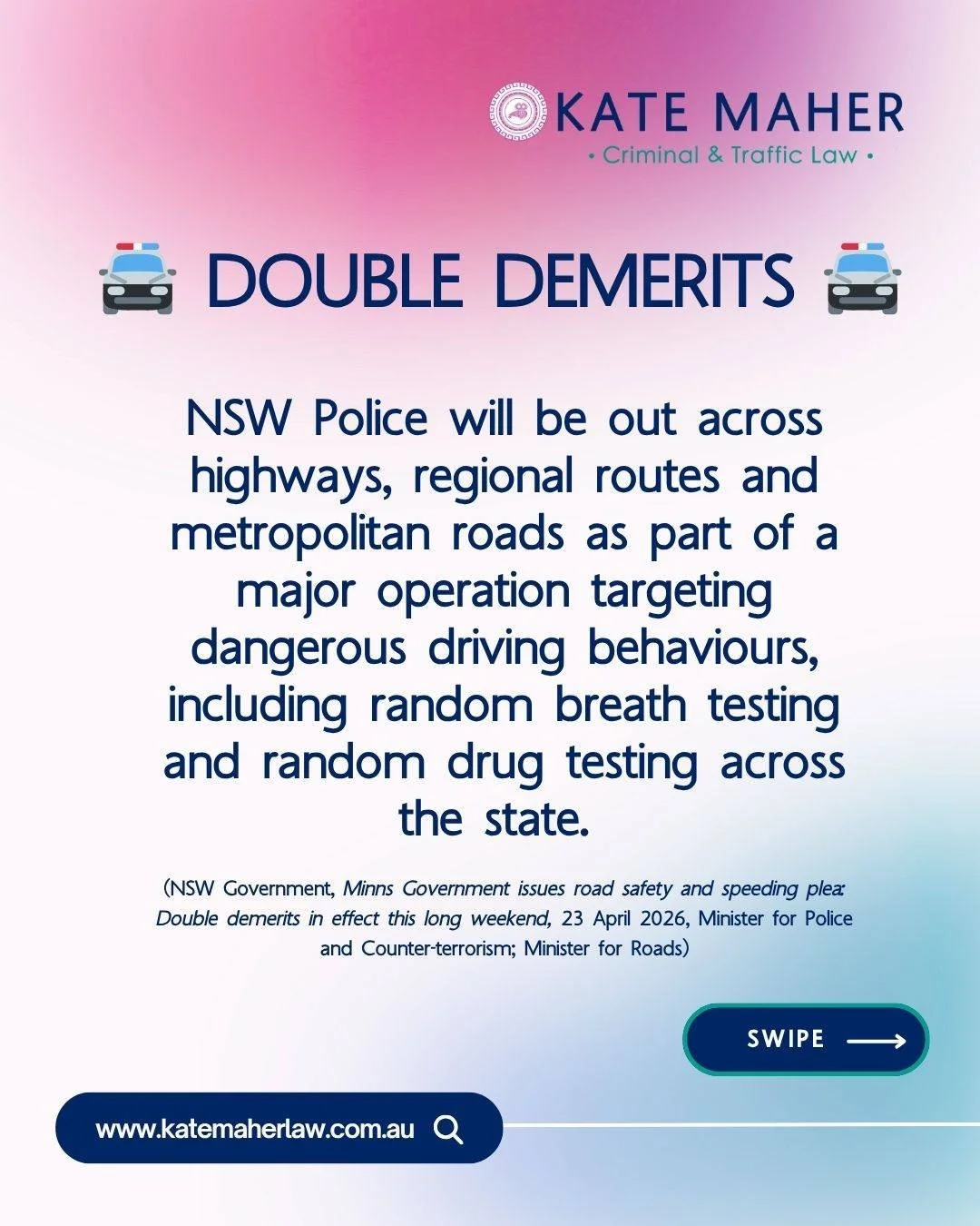 🚨 Double demerits in force this ANZAC Day long weekend from Friday 24&ndash;Monday 27 April 2026🚓

If you find yourself in trouble over the long weekend, our office will reopen at 8:30am on Tuesday 28 April 2026.

#ANZACDay #TrafficLaw #DoubleDemer
