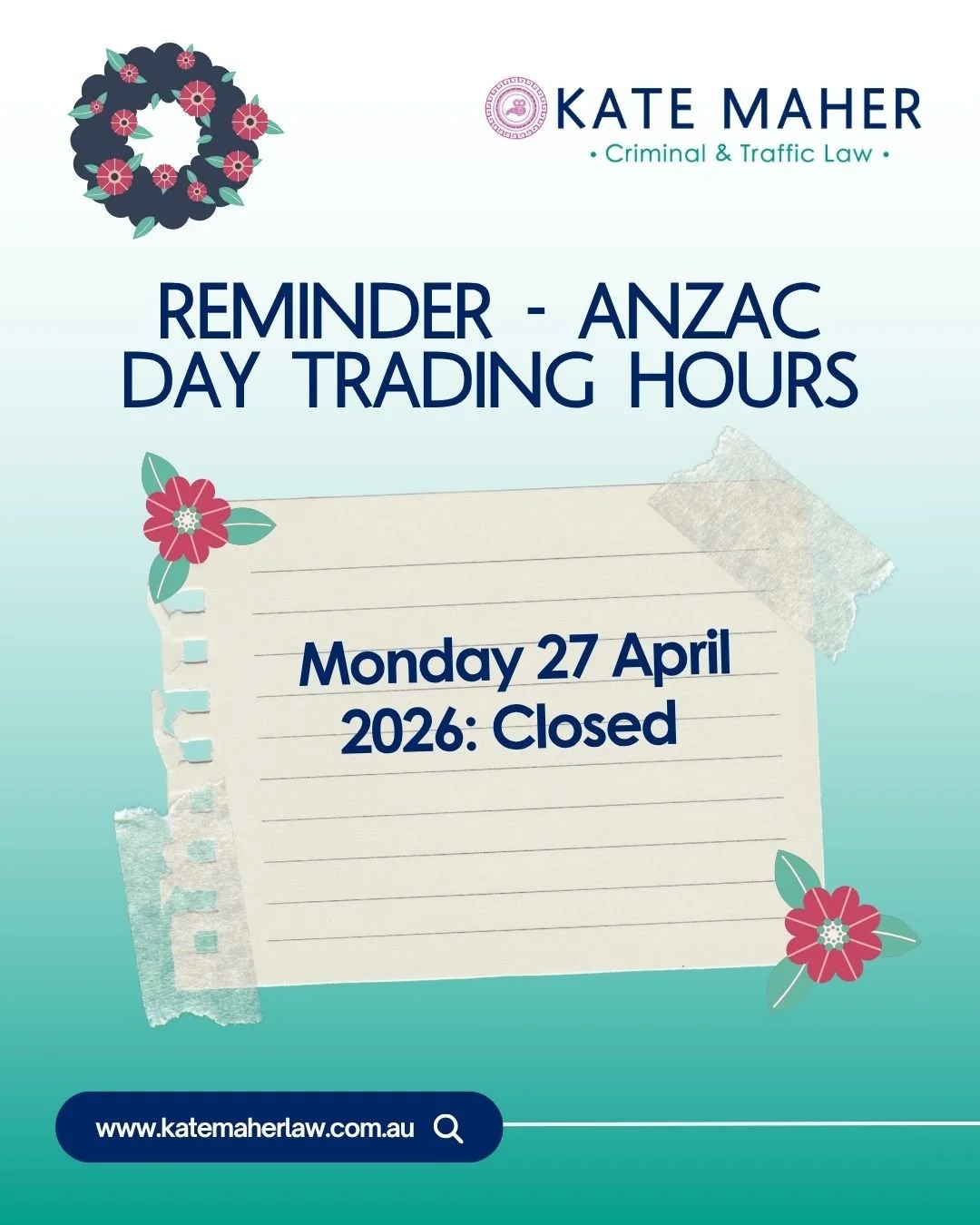 📢 Please note our office will be closed this Monday 27 April 2026.

We will reopen at 8:30am on Tuesday 28 April.

#ANZACDay #CriminalLaw #Lawyer #LawFirm