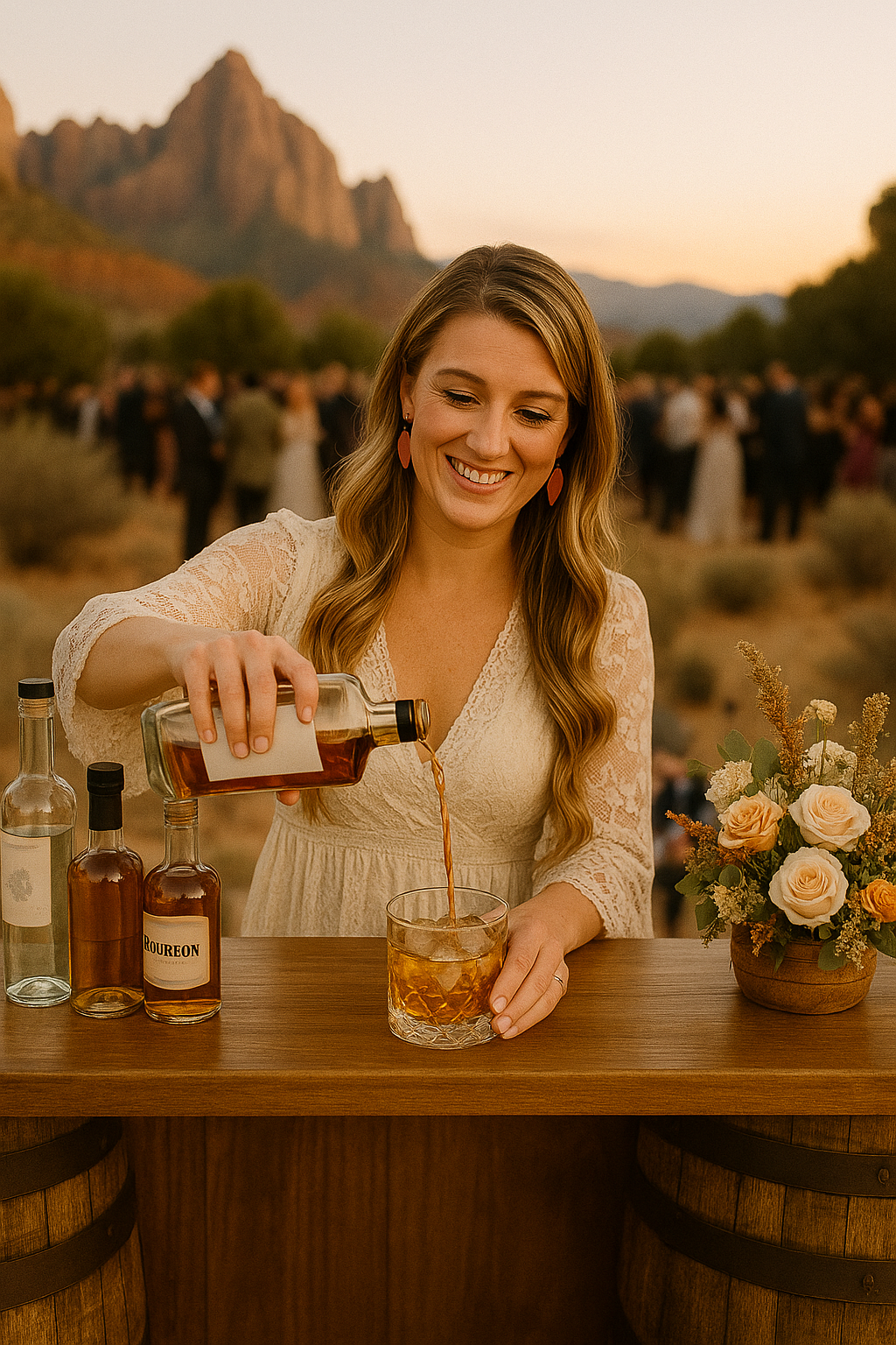 A woman with long wavy hair pouring a drink into a glass at an outdoor event during sunset, with a mountain range in the background, bottles on the bar, and a floral arrangement nearby.