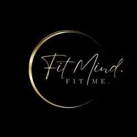 Logo with a gold crescent moon and the text 'Fit Mind. Fit Me.' in stylish script on a black background.