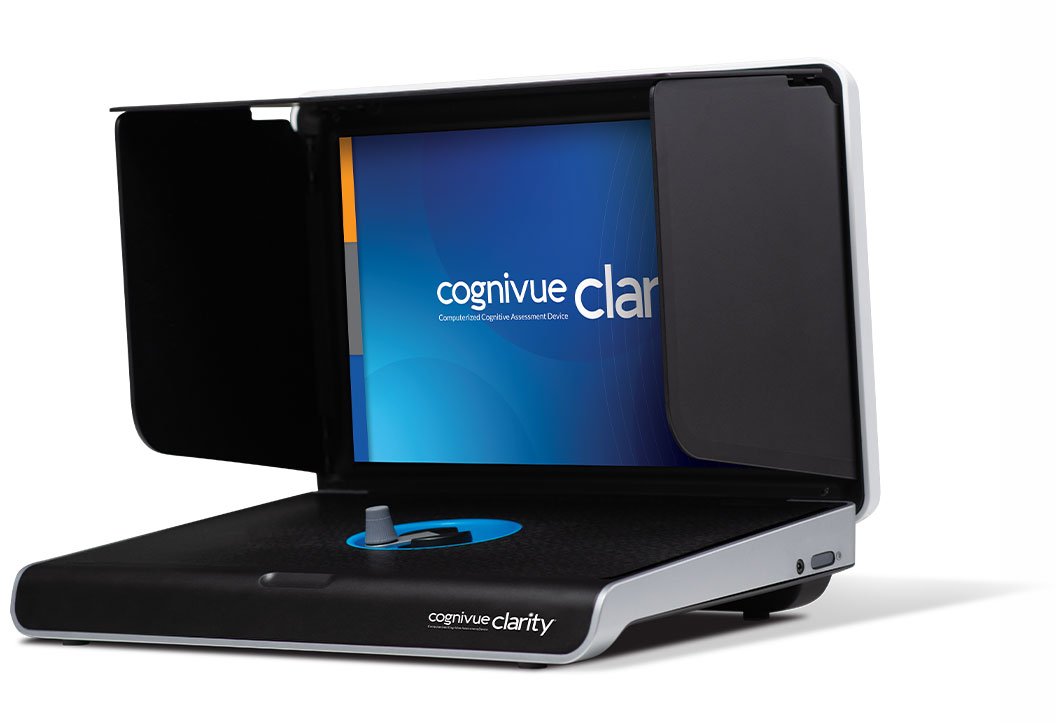 Cognivue Clarity, a computerized cognitive assessment device, with a screen displaying the Cognivue logo, and a black base with a single control button.